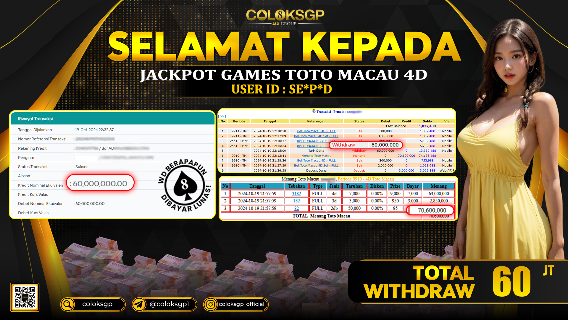 COLOKSGP JACKPOT TOTO MACAU POOLS RP 60.000.000 LUNAS