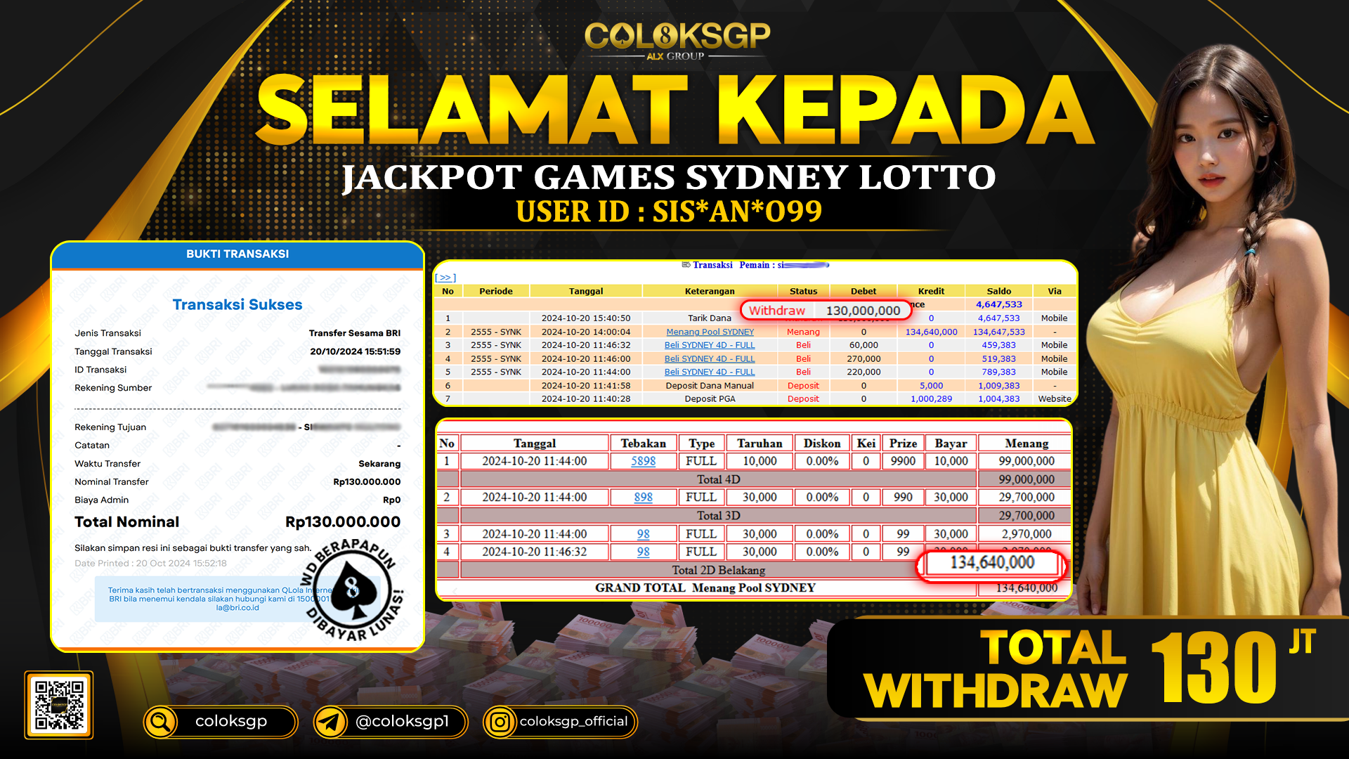 COLOKSGP JACKPOT SYDNEY LOTTO RP 130.000.000 LUNAS