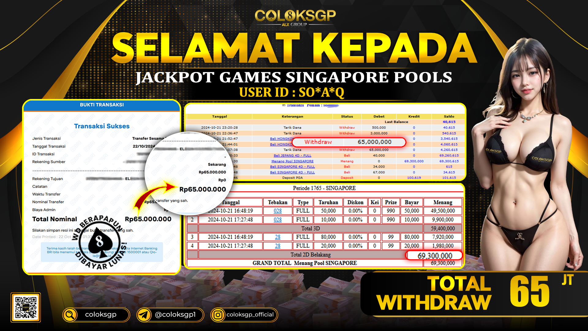 COLOKSGP JACKPOT SINGAPORE POOLS RP 65.000.000 LUNAS