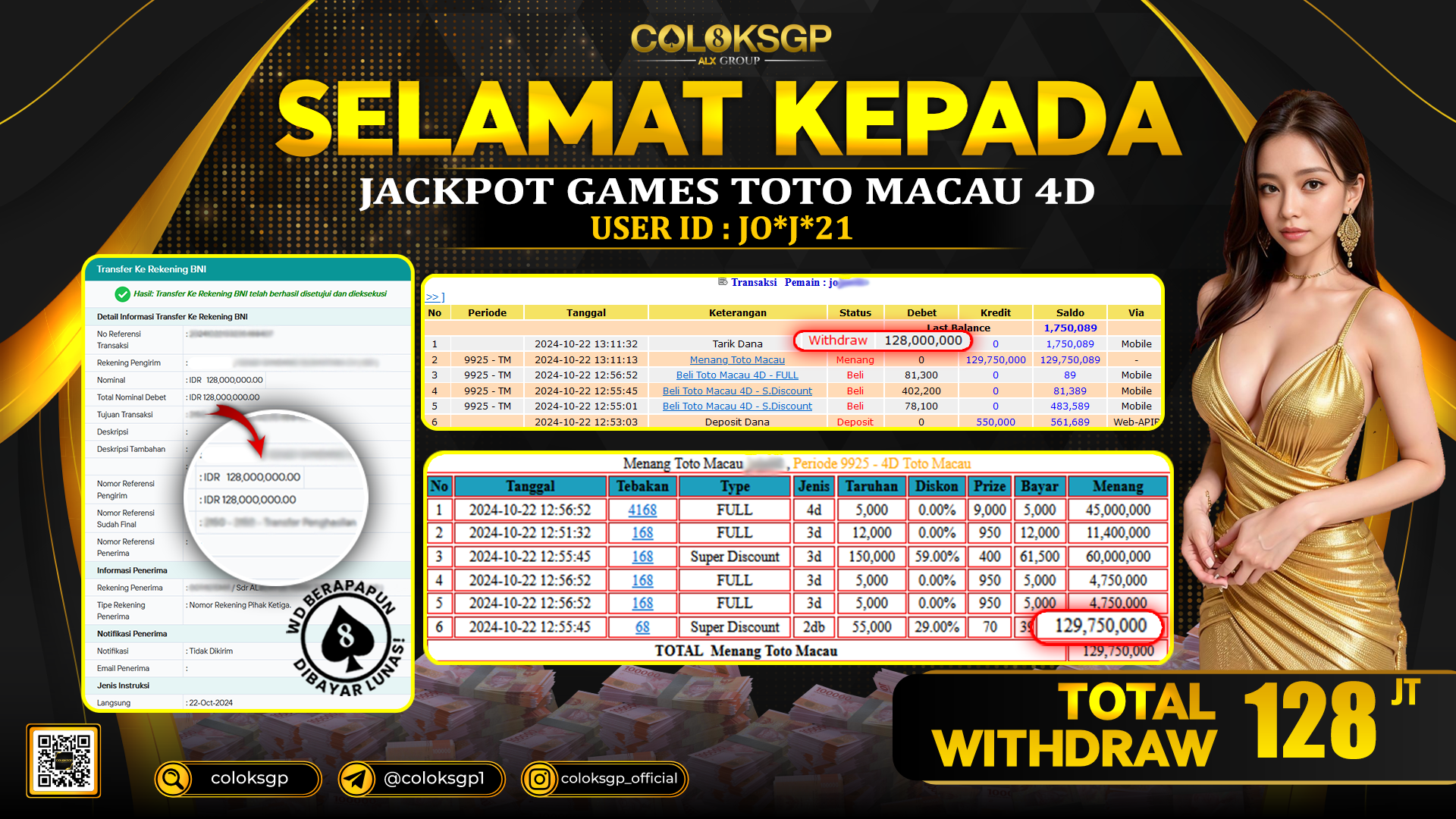COLOKSGP JACKPOT TOTO MACAU POOLS RP 128.000.000 LUNAS