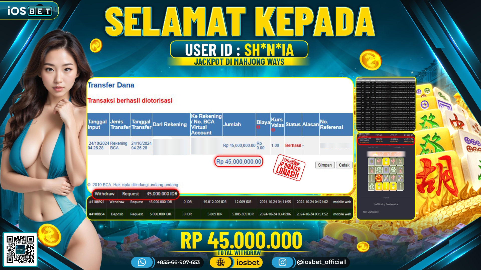 Bukti Pembayaran LUNAS SLOT GAME GACOR Rp.45.000.000,-