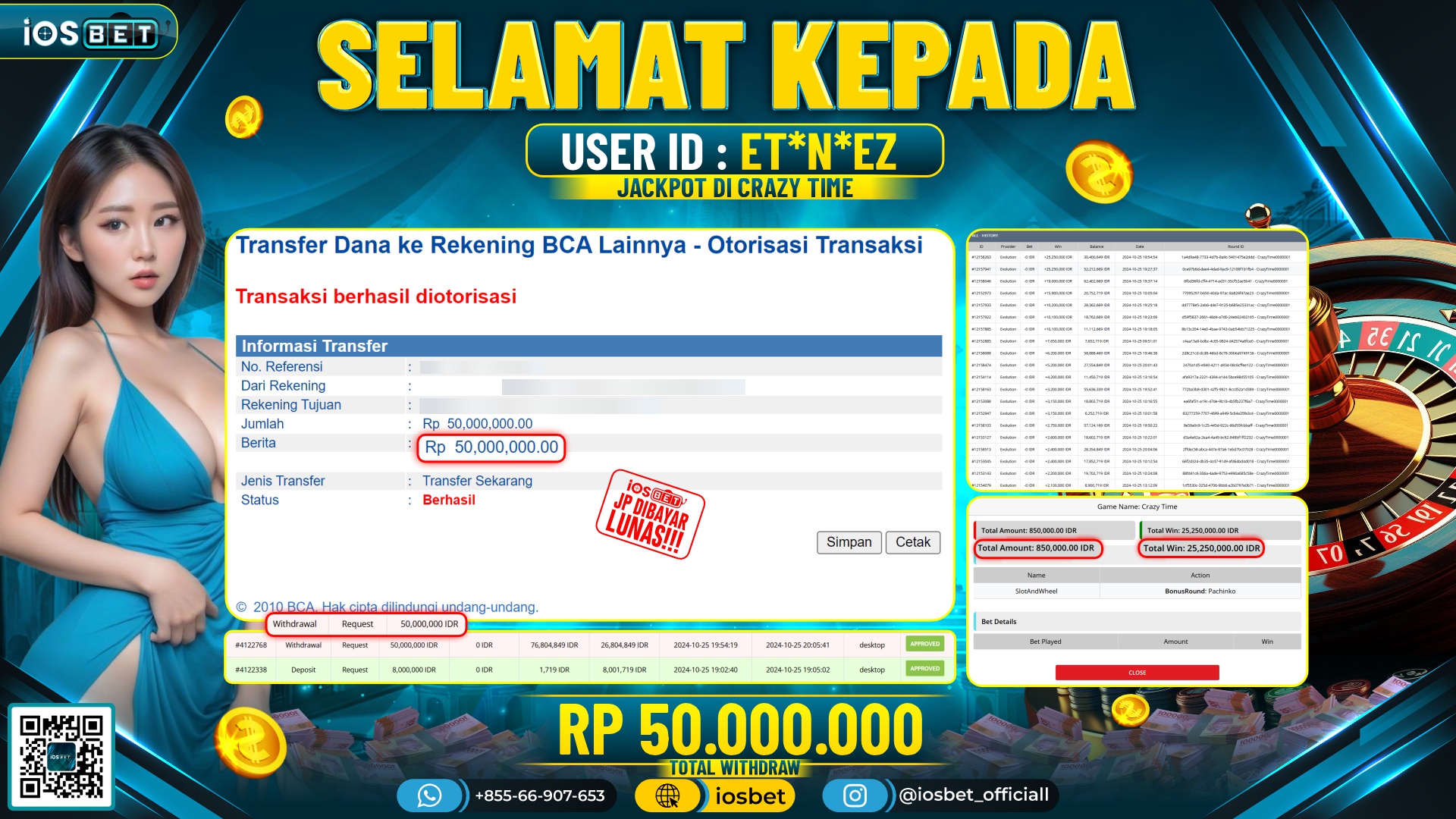 Bukti Pembayaran LUNAS LIVE GAME GACOR Rp.50.000.000,-