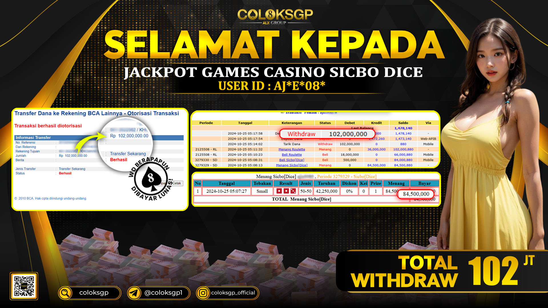 COLOKSGP JACKPOT SICBO DICE RP 102.000.000 LUNAS