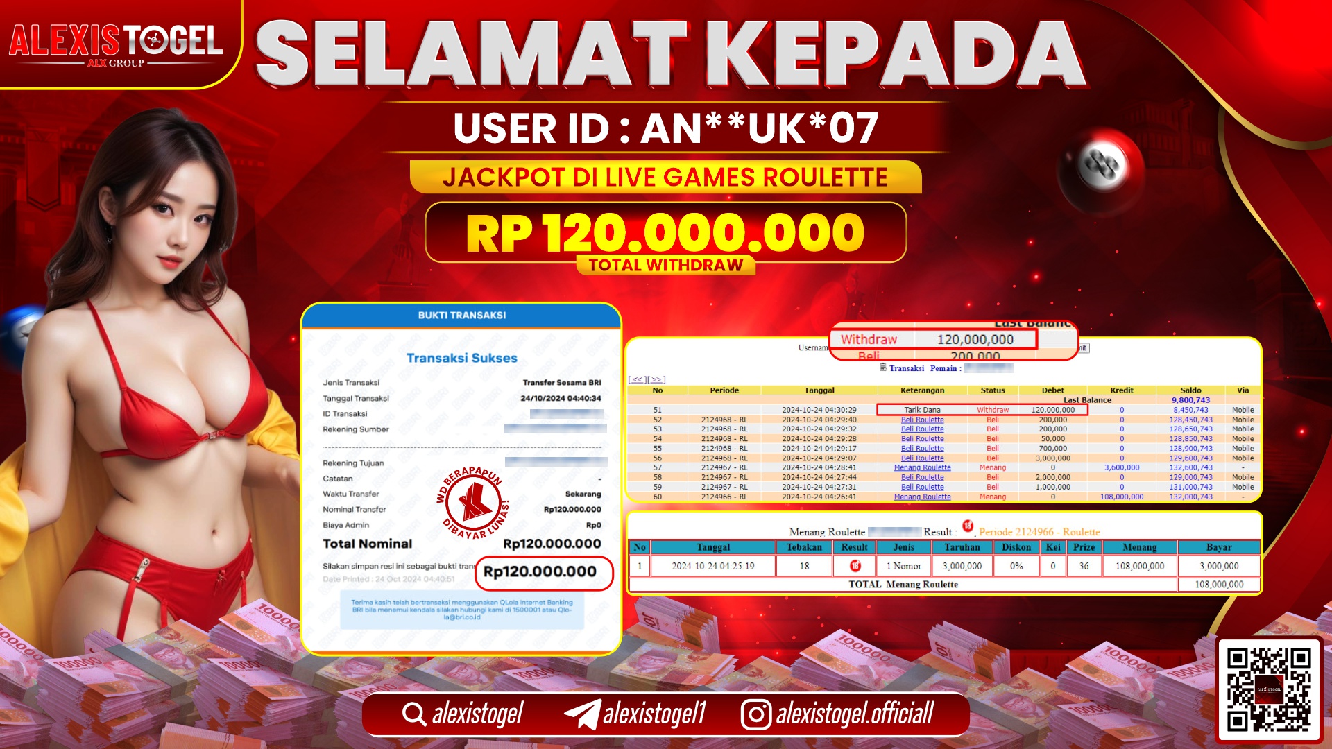 ALEXISTOGEL LIVE GAMES ROULETTE RP.120.000.000 LUNAS