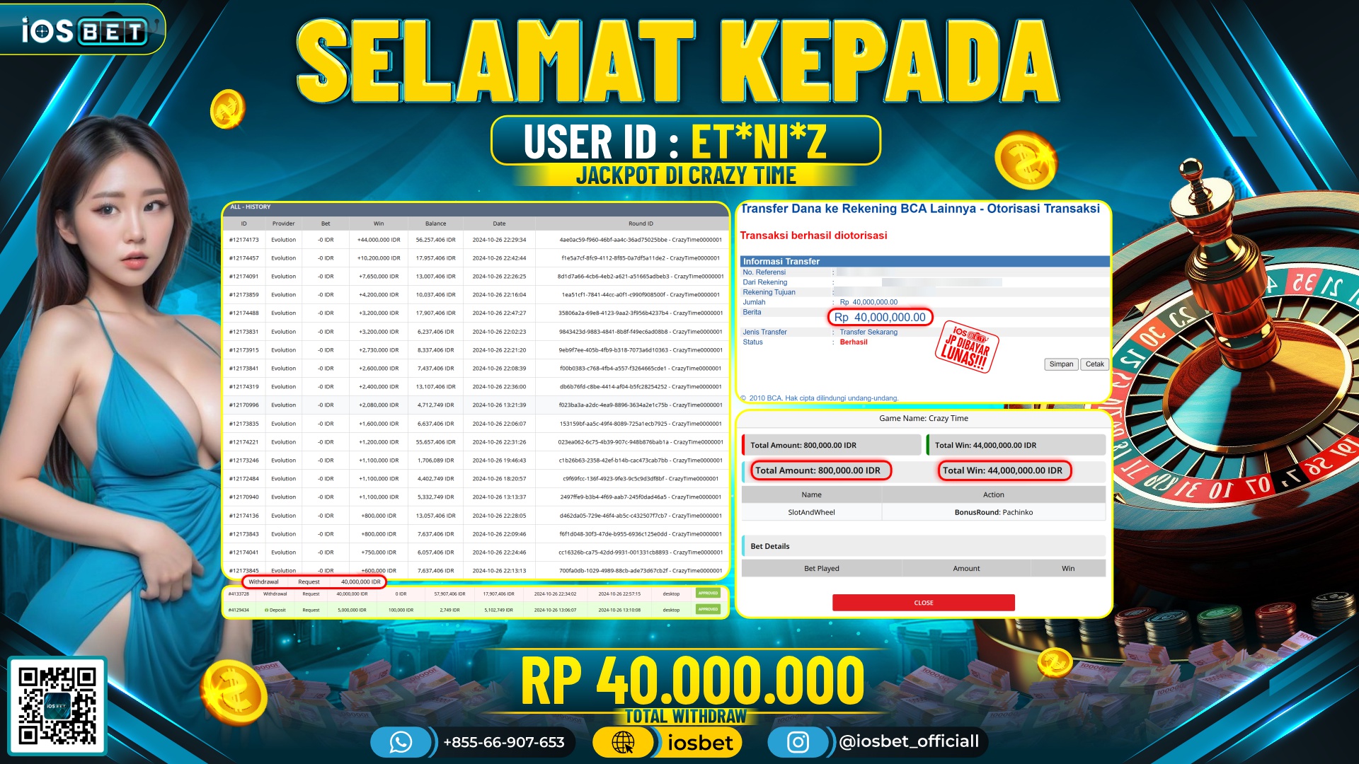 Bukti Pembayaran LUNAS LIVE CASINO GAME EVOLUTION  Rp.40.000.000,-
