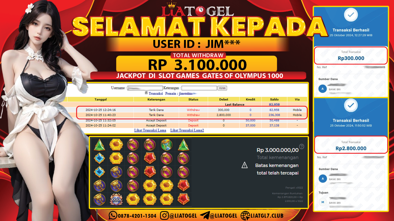 LIATOGEL - JACKPOT SLOT GATES OF OLYMPUS 1000 GAMES  RP 3.100.000,- LUNAS
