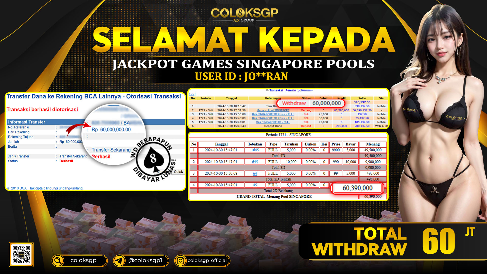 COLOKSGP JACKPOT SINGAPORE POOLS RP 60.000.000 LUNAS