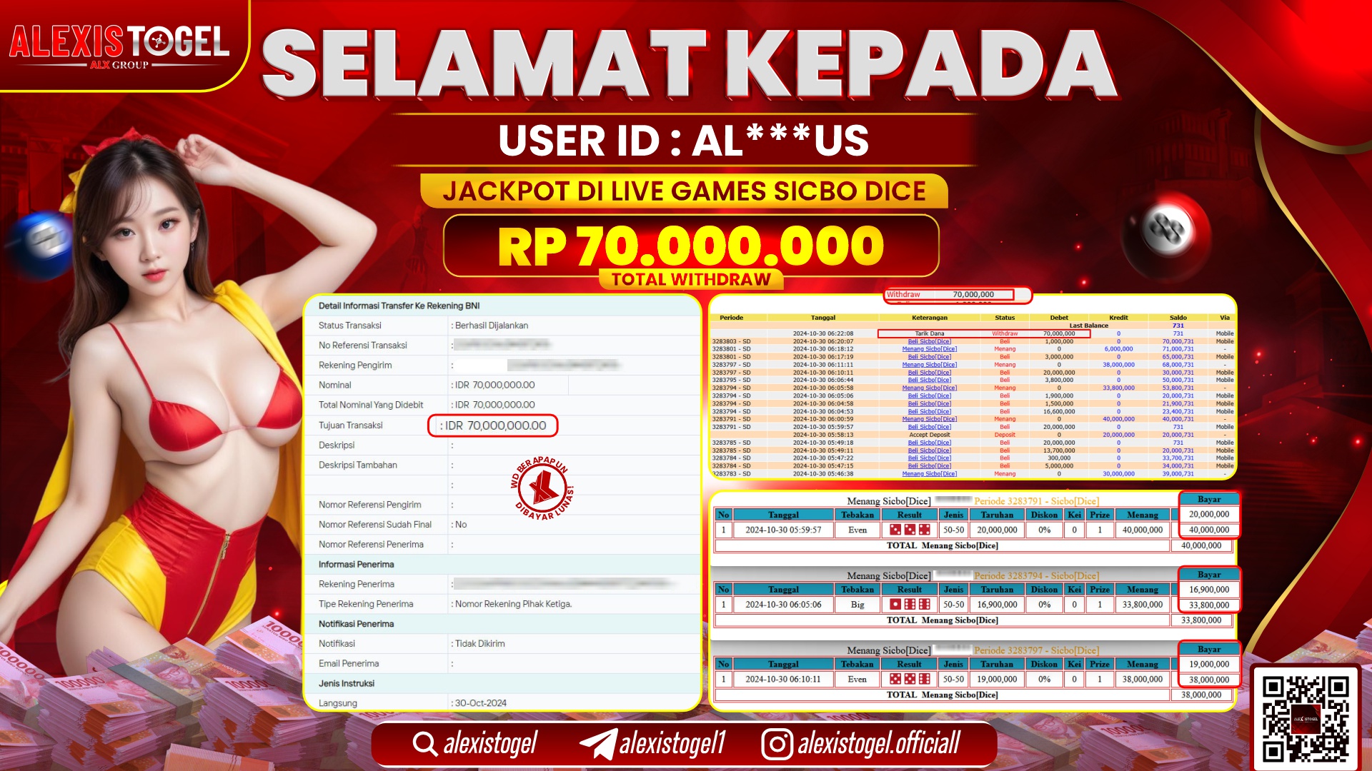 ALEXISTOGEL LIVE GAME SICBO DICE RP.70.000.000 LUNAS