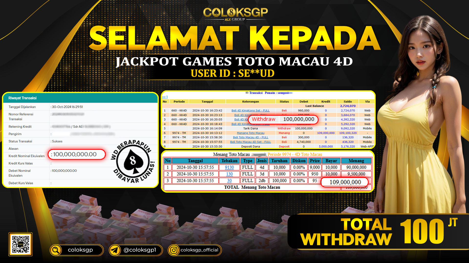 COLOKSGP JACKPOT TOTO MACAU POOLS RP 100.000.000 LUNAS