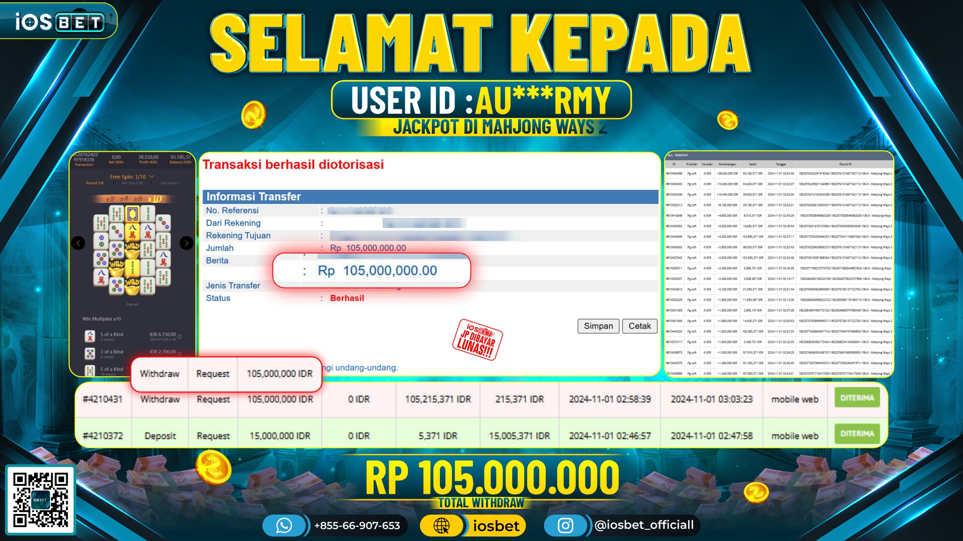 Bukti Pembayaran LUNAS SLOT GAME GACOR Rp.105.000.000,-