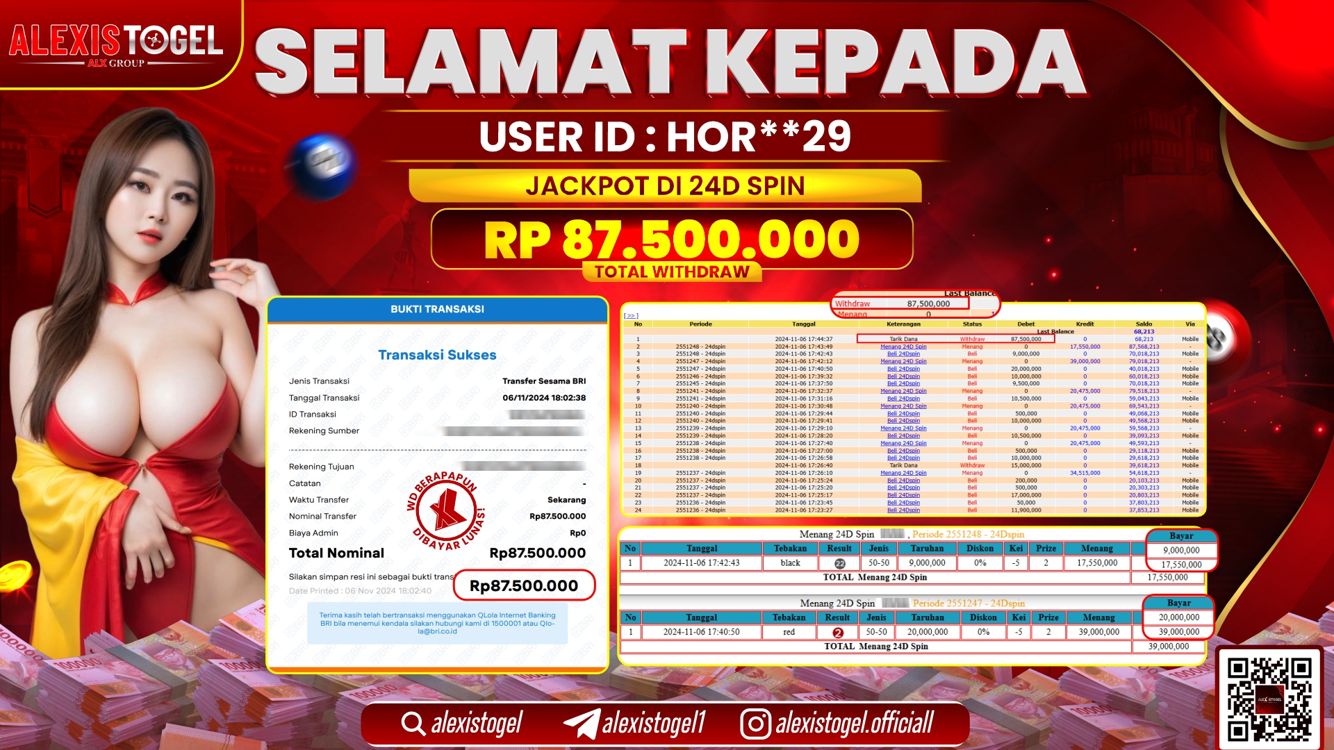 ALEXISTOGEL di CASINO 24D SPIN RP.87.500.000 LUNAS