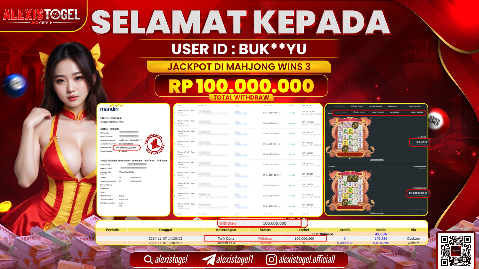 ALEXISTOGEL di SLOT MAHJONG WINS 3 RP.100.000.000 LUNAS