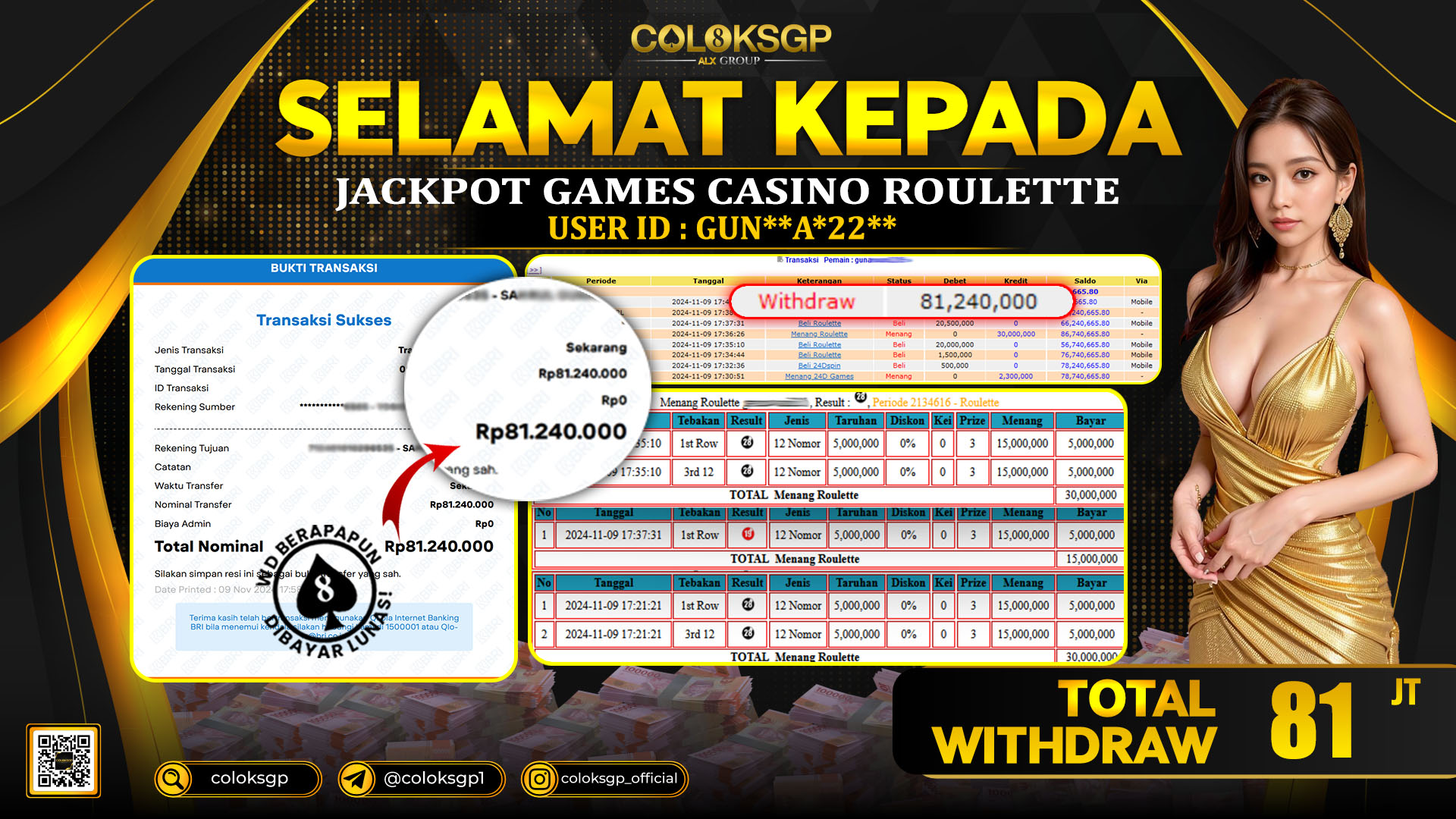 COLOKSGP JACKPOT ROULETTE RP 81.000.000 LUNAS
