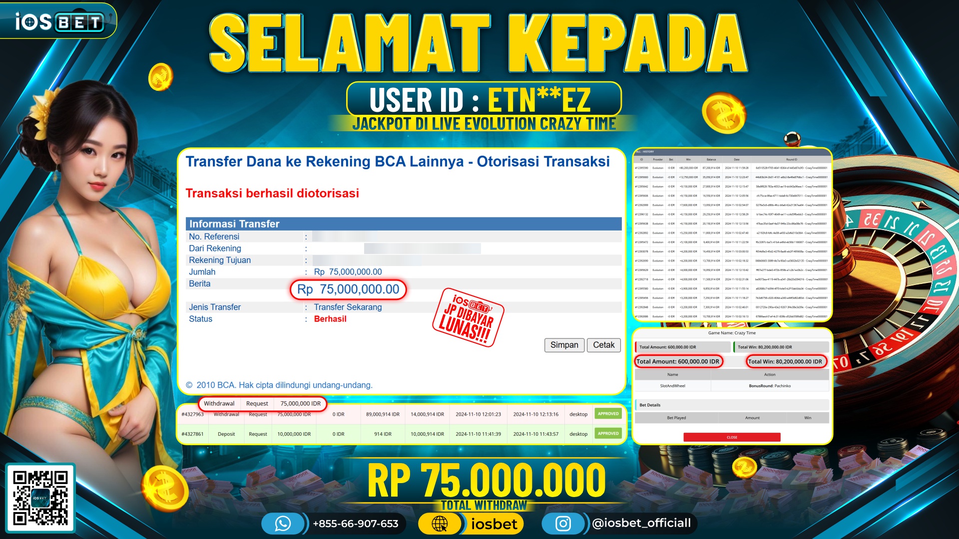 Bukti Pembayaran LUNAS LIVE GAME GACOR Rp.75.000.000,-
