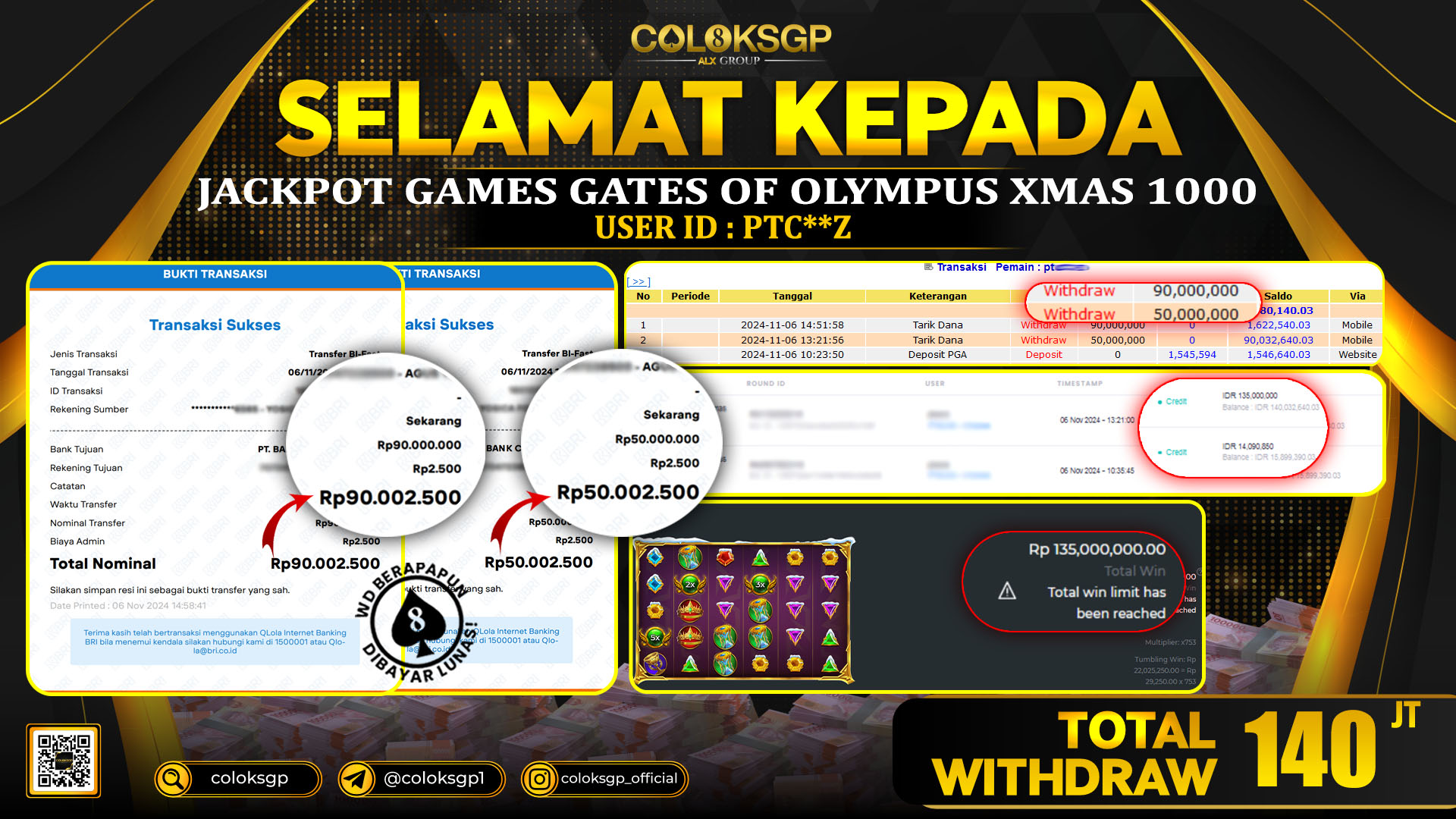COLOKSGP JACKPOT SLOT GAMES RP 140.000.000 LUNAS