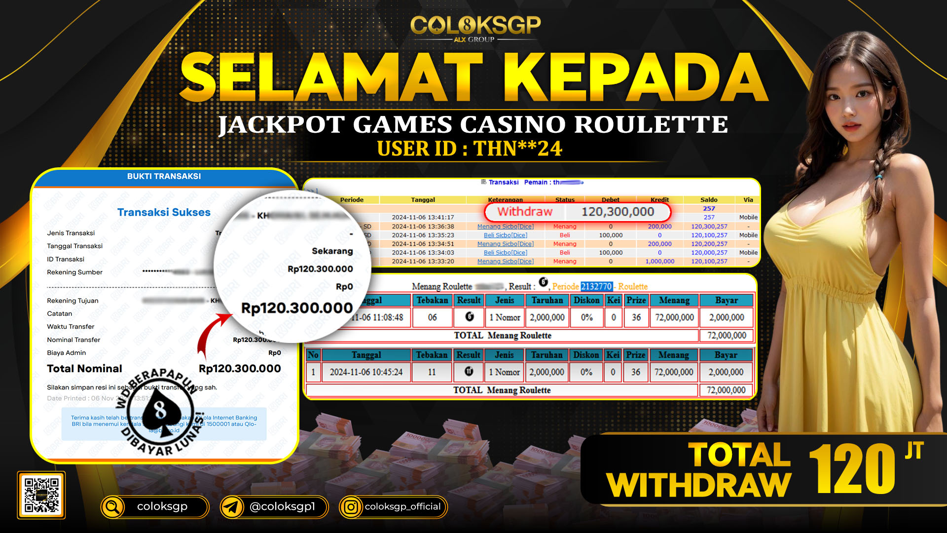 COLOKSGP JACKPOT ROULETTE RP 120.000.000 LUNAS