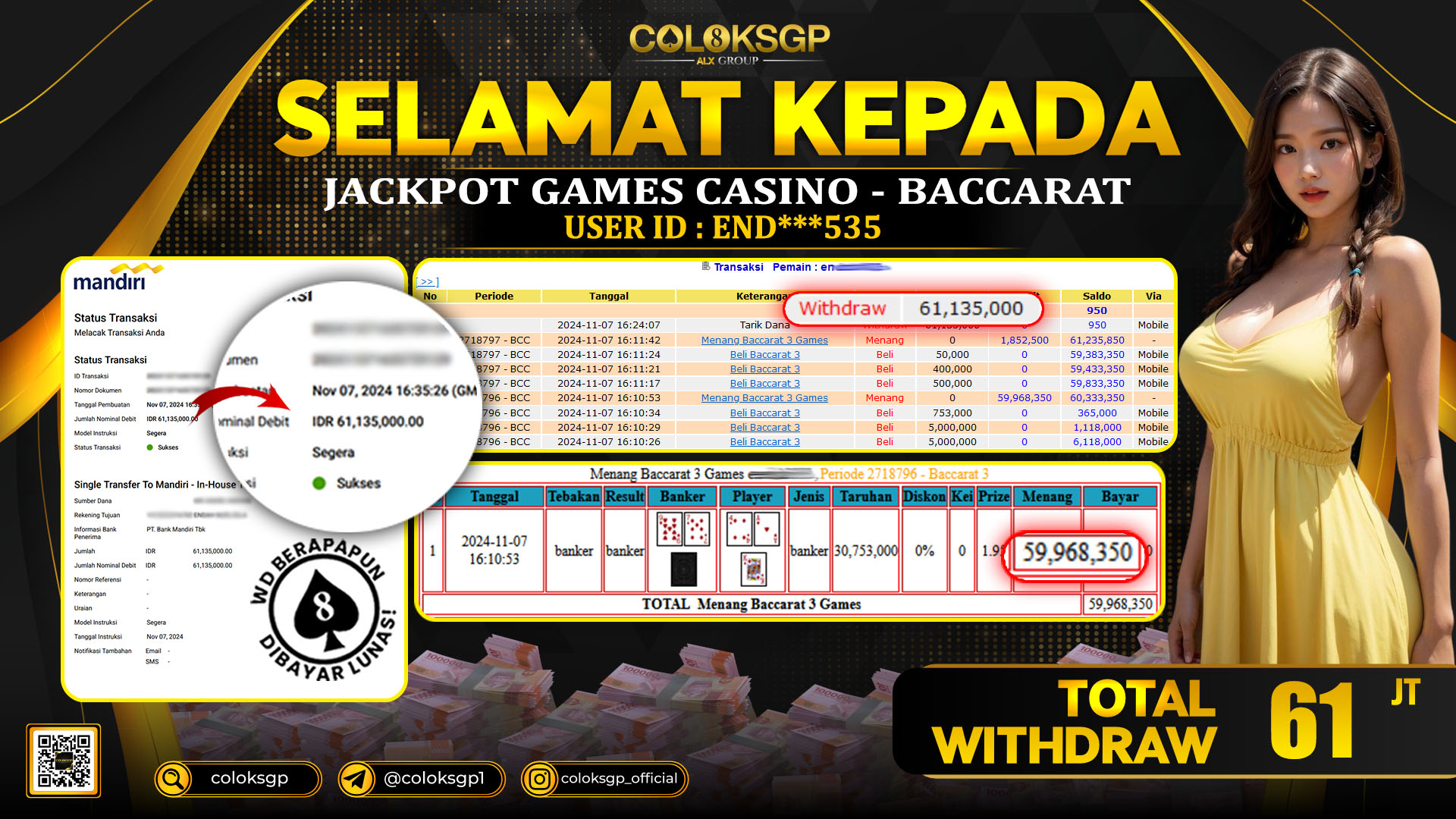 COLOKSGP JACKPOT LIVE CASINO RP 61.000.000 LUNAS