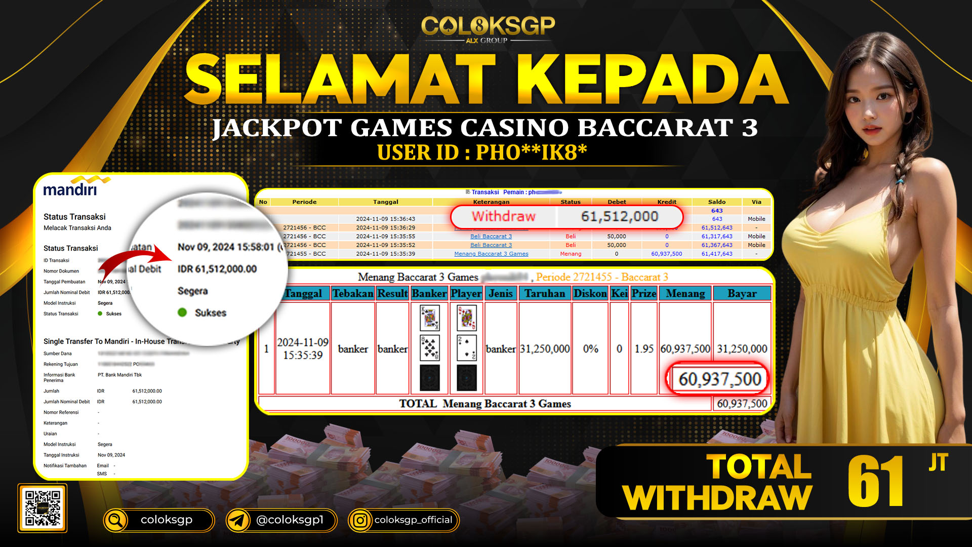 COLOKSGP JACKPOT LIVE CASINO RP 61.000.000 LUNAS