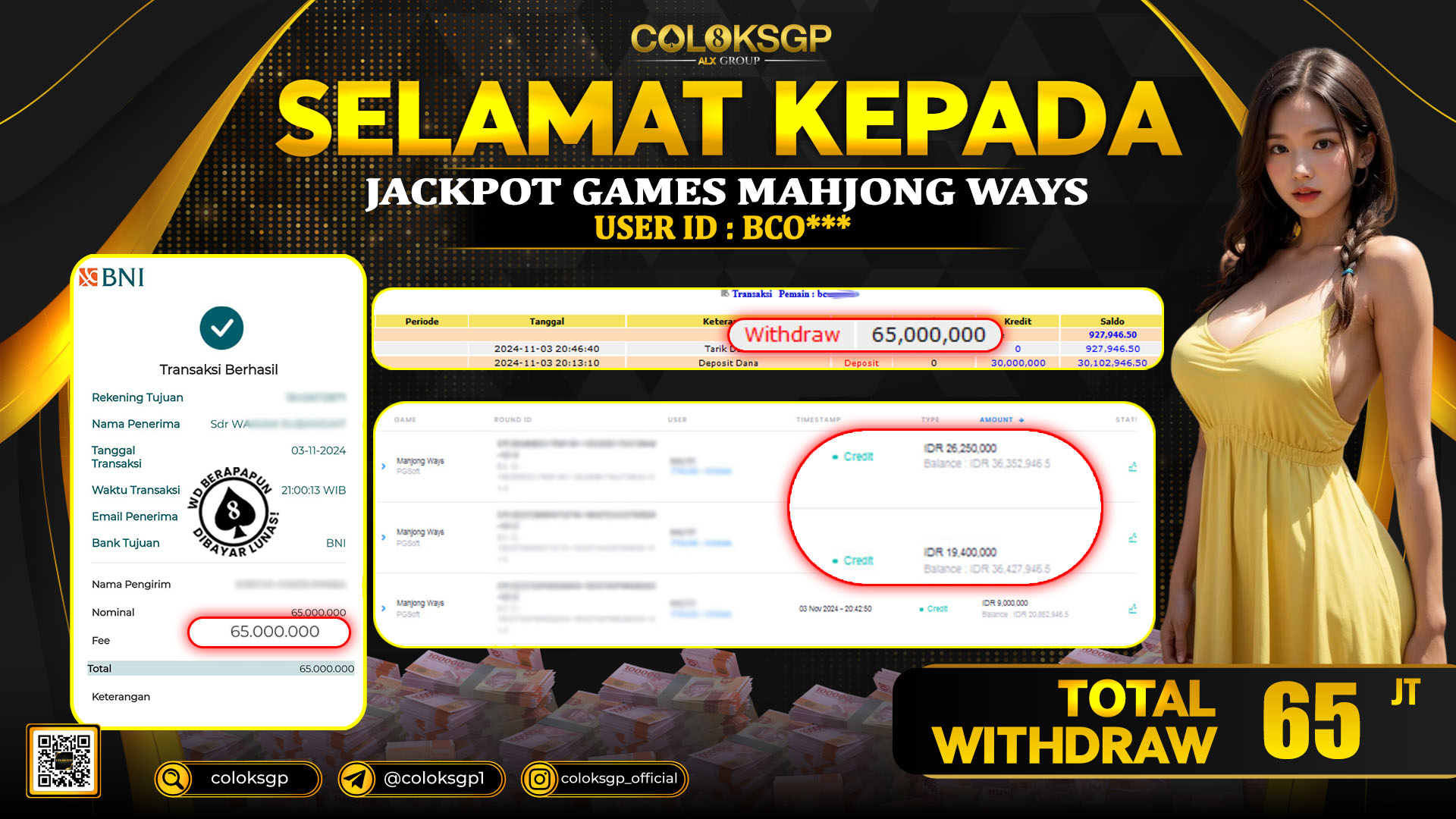 COLOKSGP JACKPOT SLOT GAMES RP 65.000.000 LUNAS