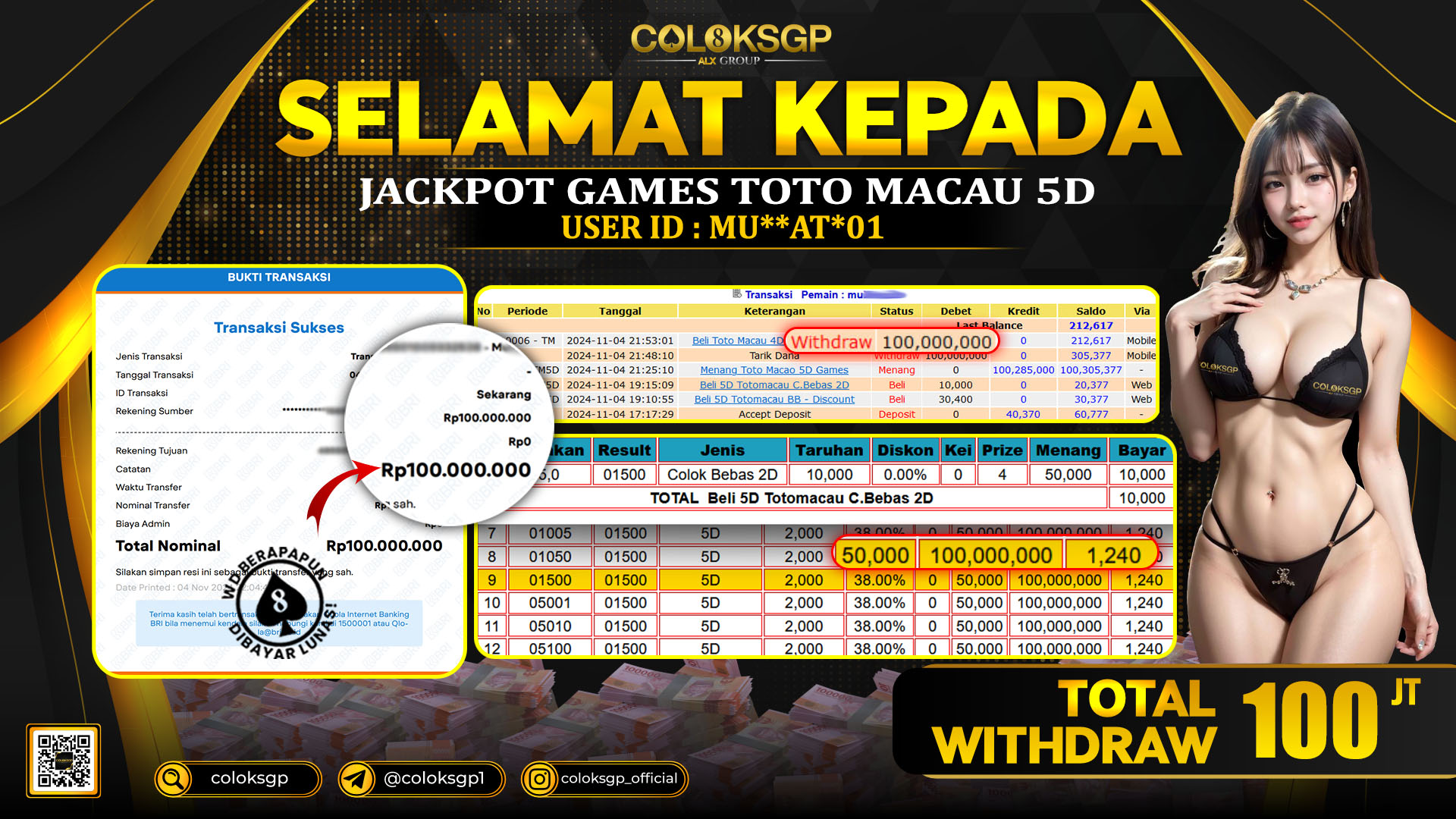COLOKSGP JACKPOT TOTO MACAU 5D RP 100.000.000 LUNAS