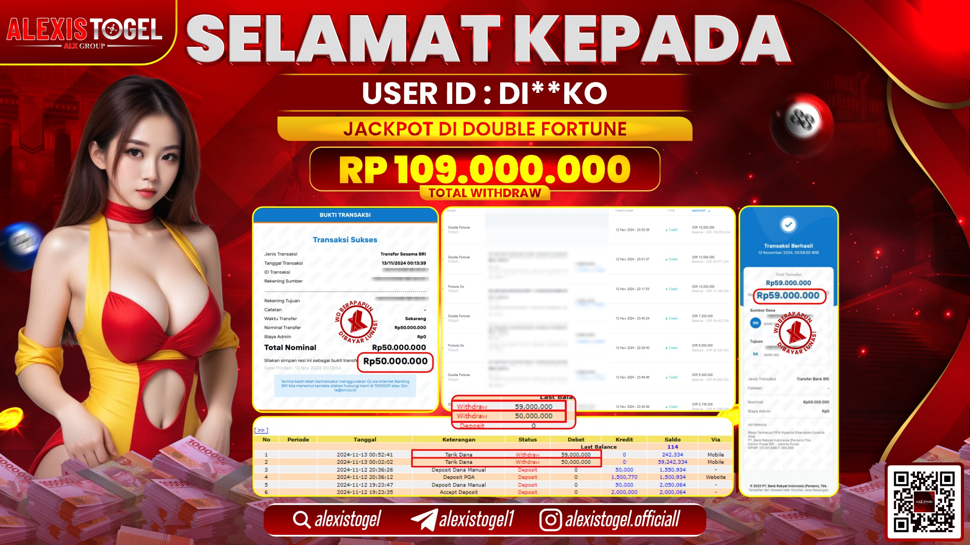 ALEXISTOGEL di SLOT DOUBLE FORTUNE RP.109.000.000 LUNAS