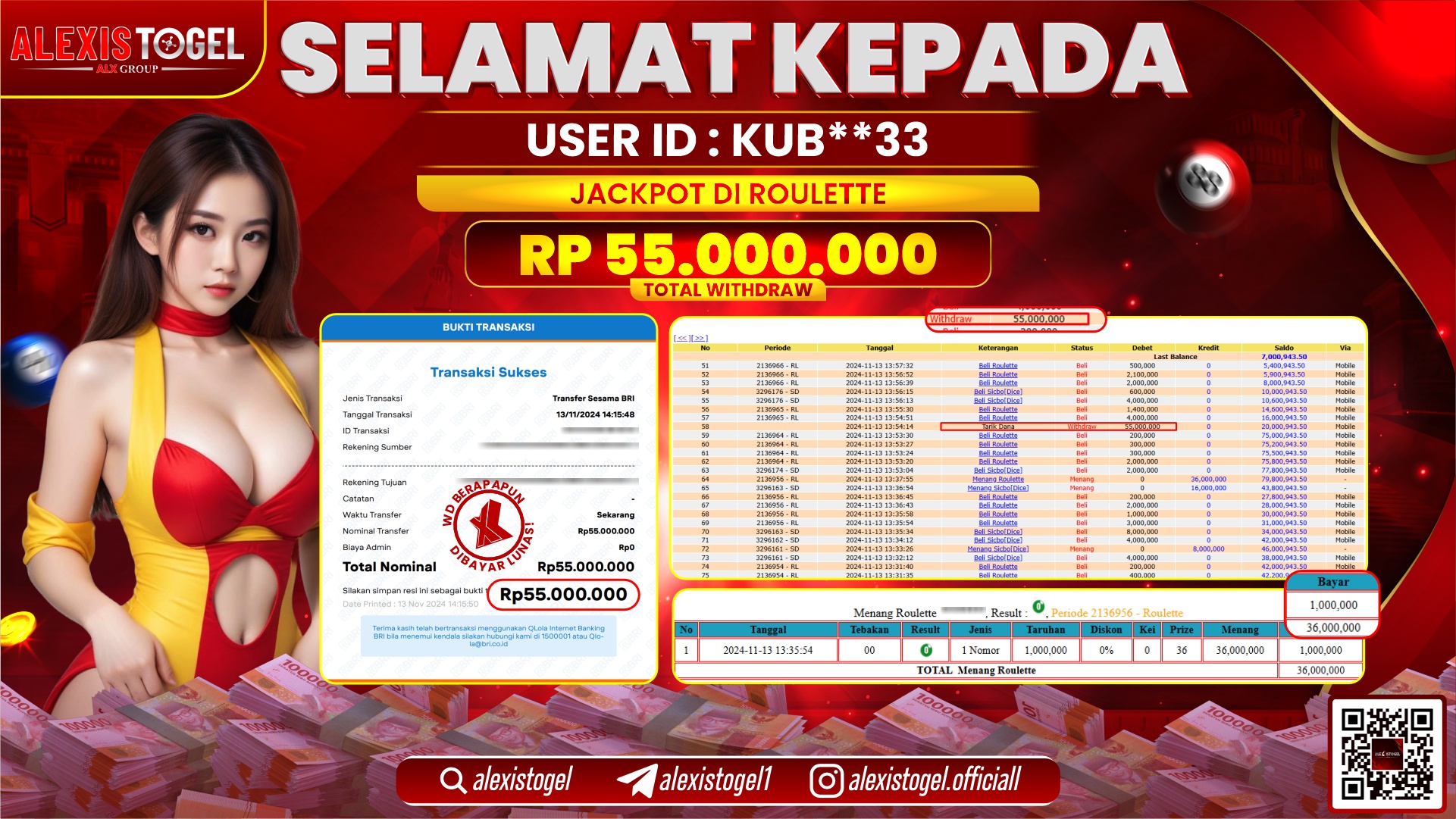 ALEXISTOGEL di CASINO ROULETTE RP.55.000.000 LUNAS