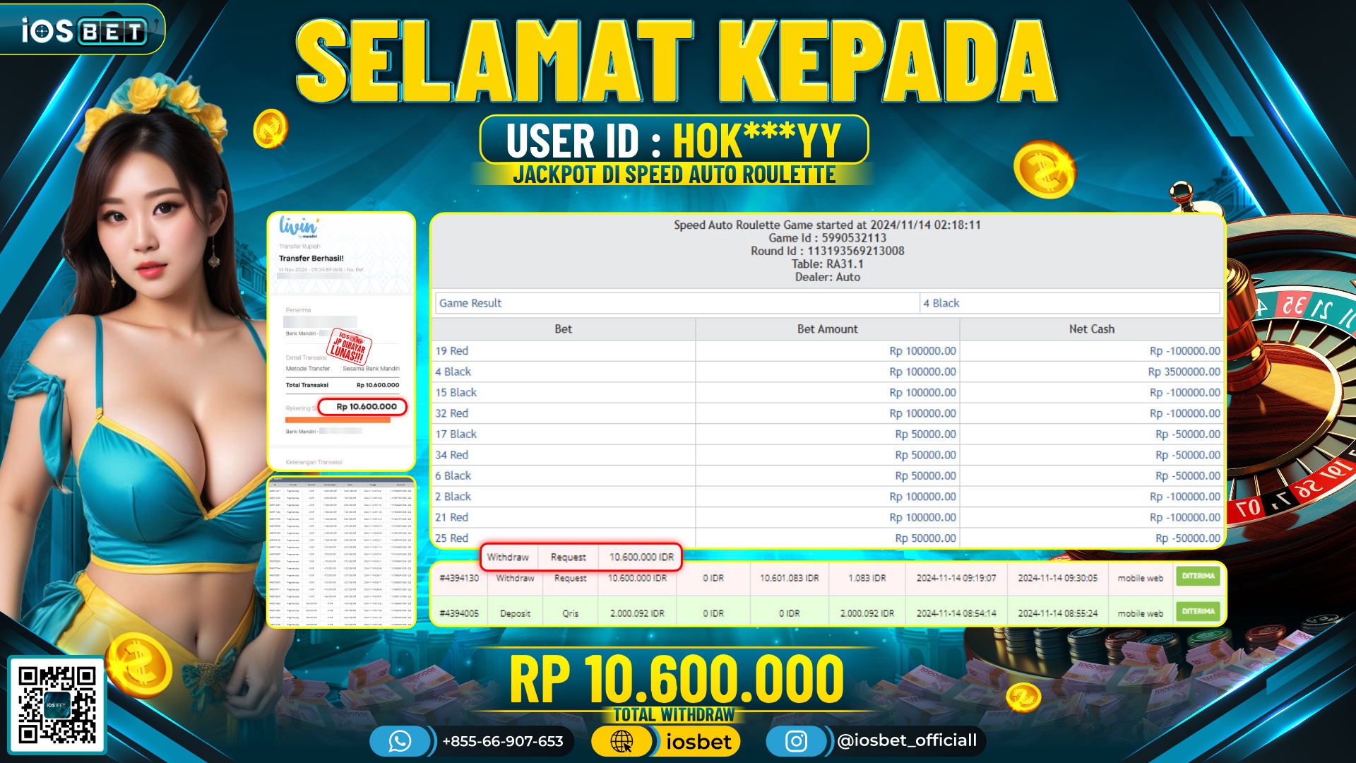 Bukti Pembayaran LUNAS LIVE CASINO Rp.10.600.000,-