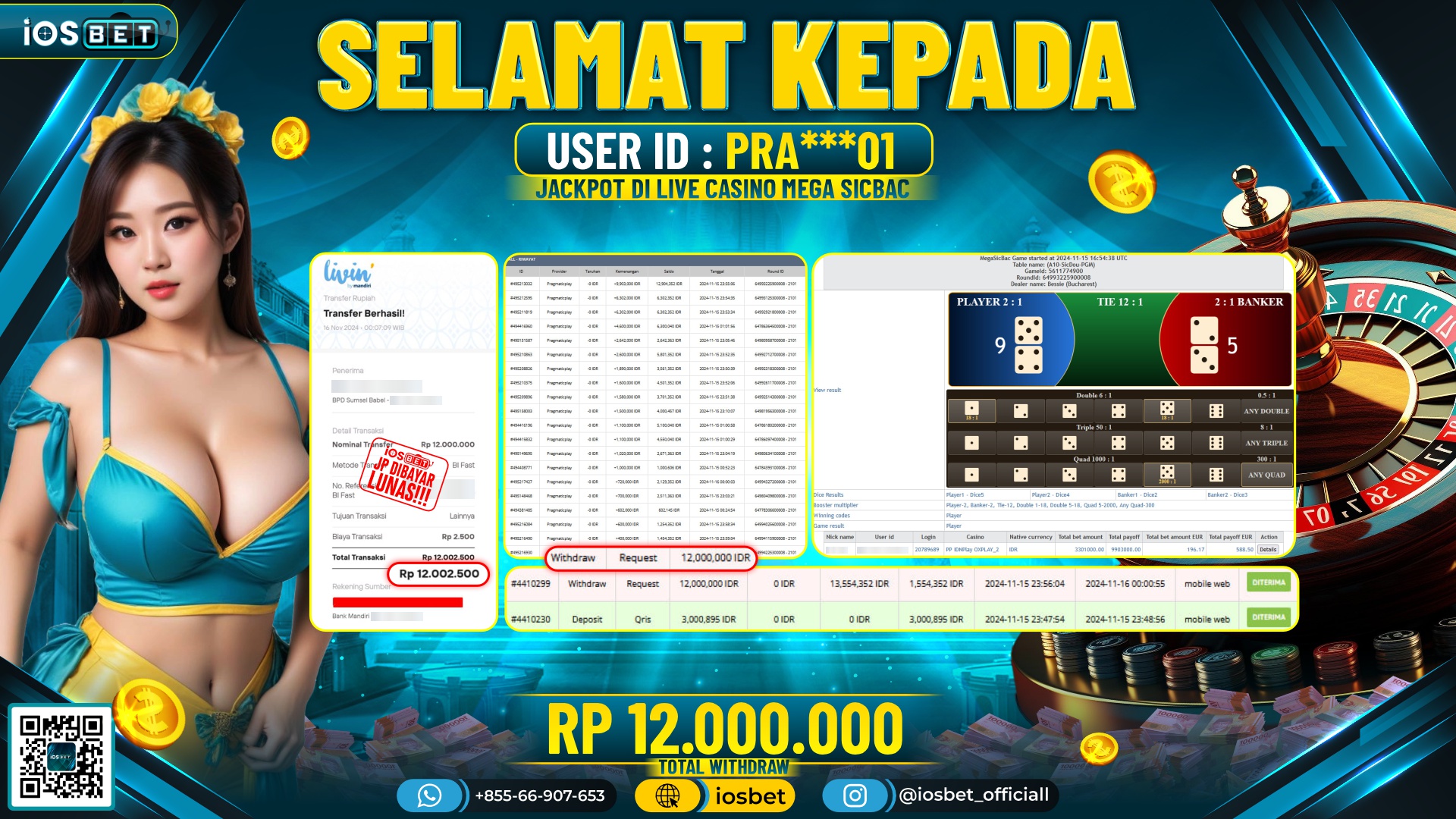Bukti Pembayaran LUNAS LIVE CASINO Rp.12.000.000