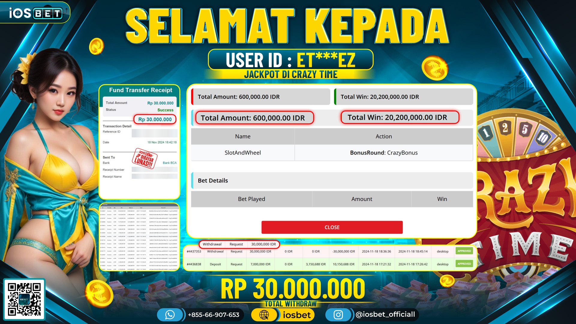 Bukti Pembayaran LUNAS LIVE CASINO Rp.30.000.000
