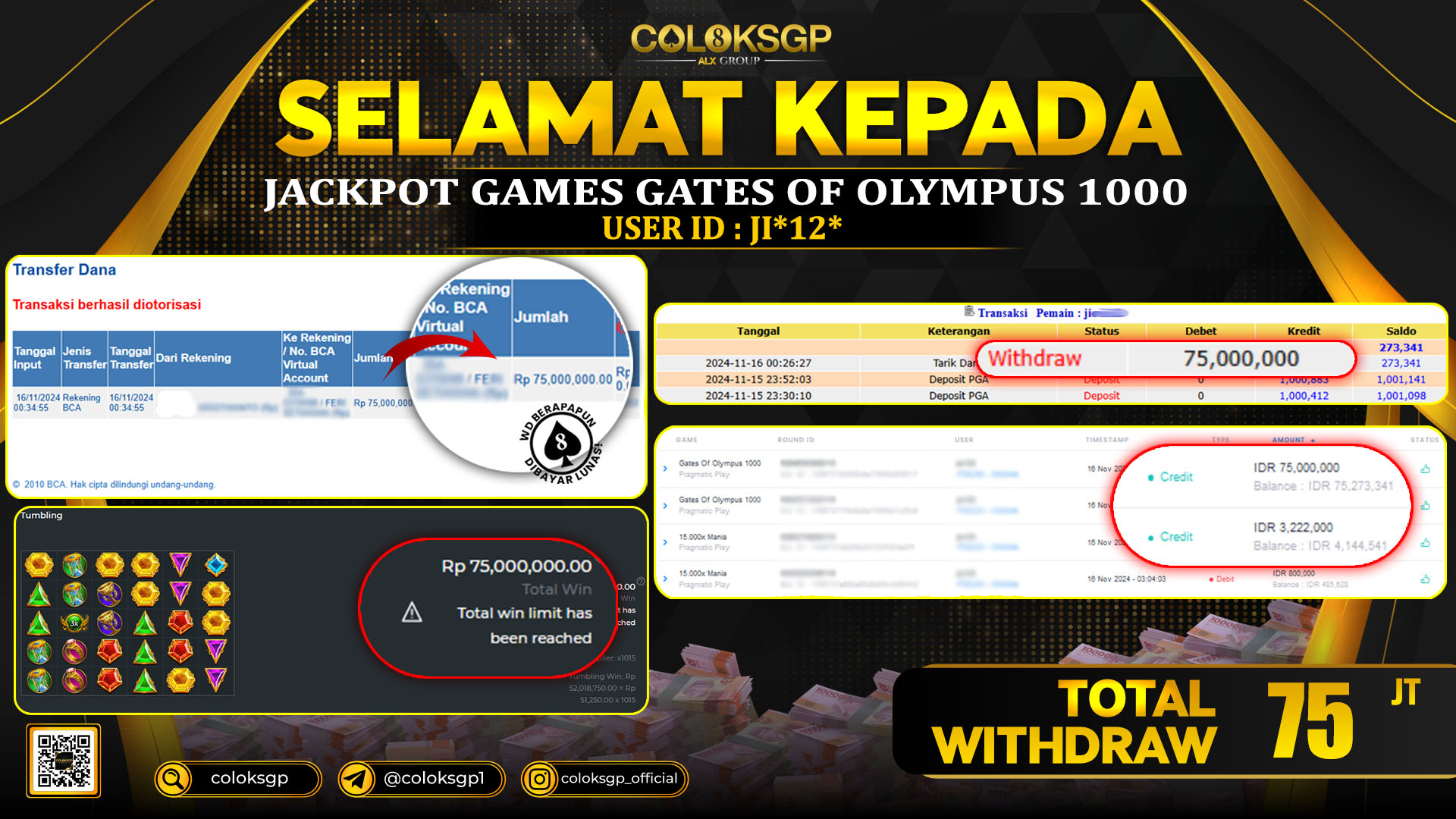 COLOKSGP JACKPOT SLOT GAMES RP 75.000.000 LUNAS