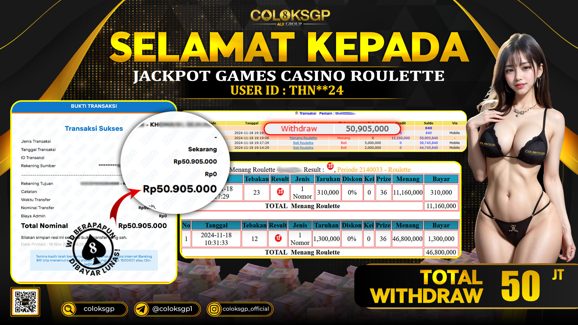 COLOKSGP JACKPOT LIVE CASINO RP 50.905.000 LUNAS