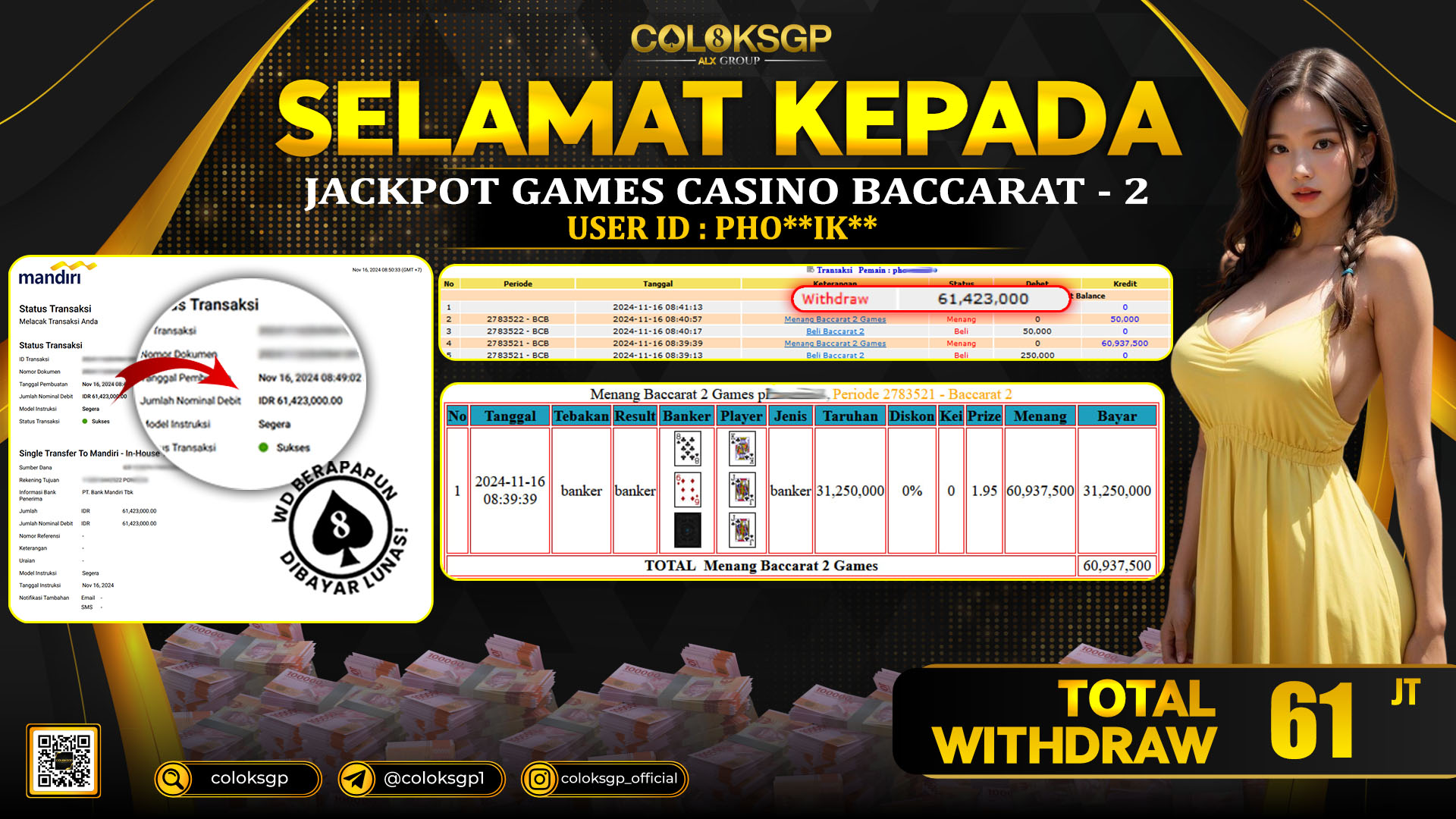 COLOKSGP JACKPOT LIVE CASINO RP 61.423.000 LUNAS