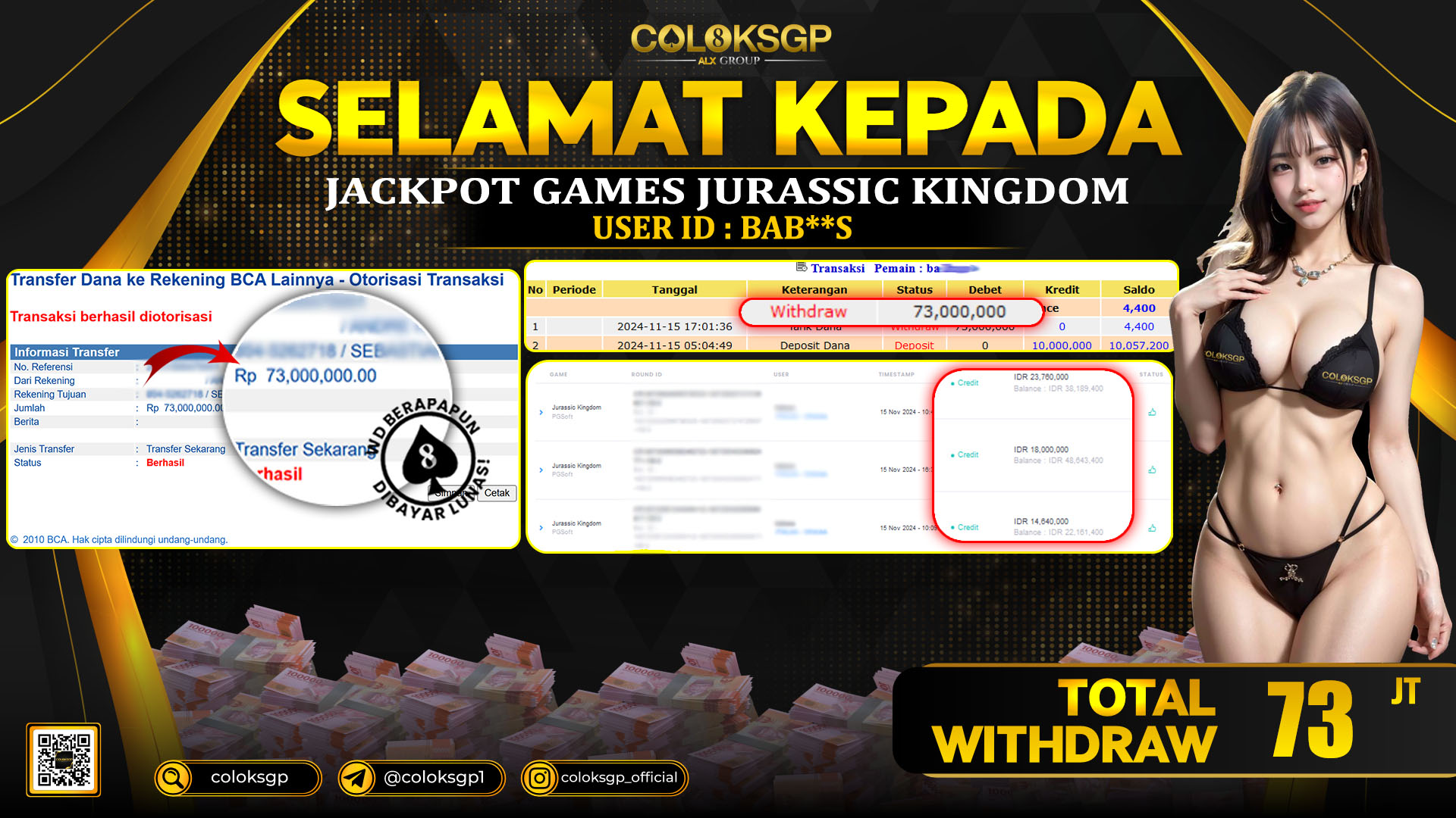 COLOKSGP JACKPOT SLOT GAMES RP 73.000.000 LUNAS