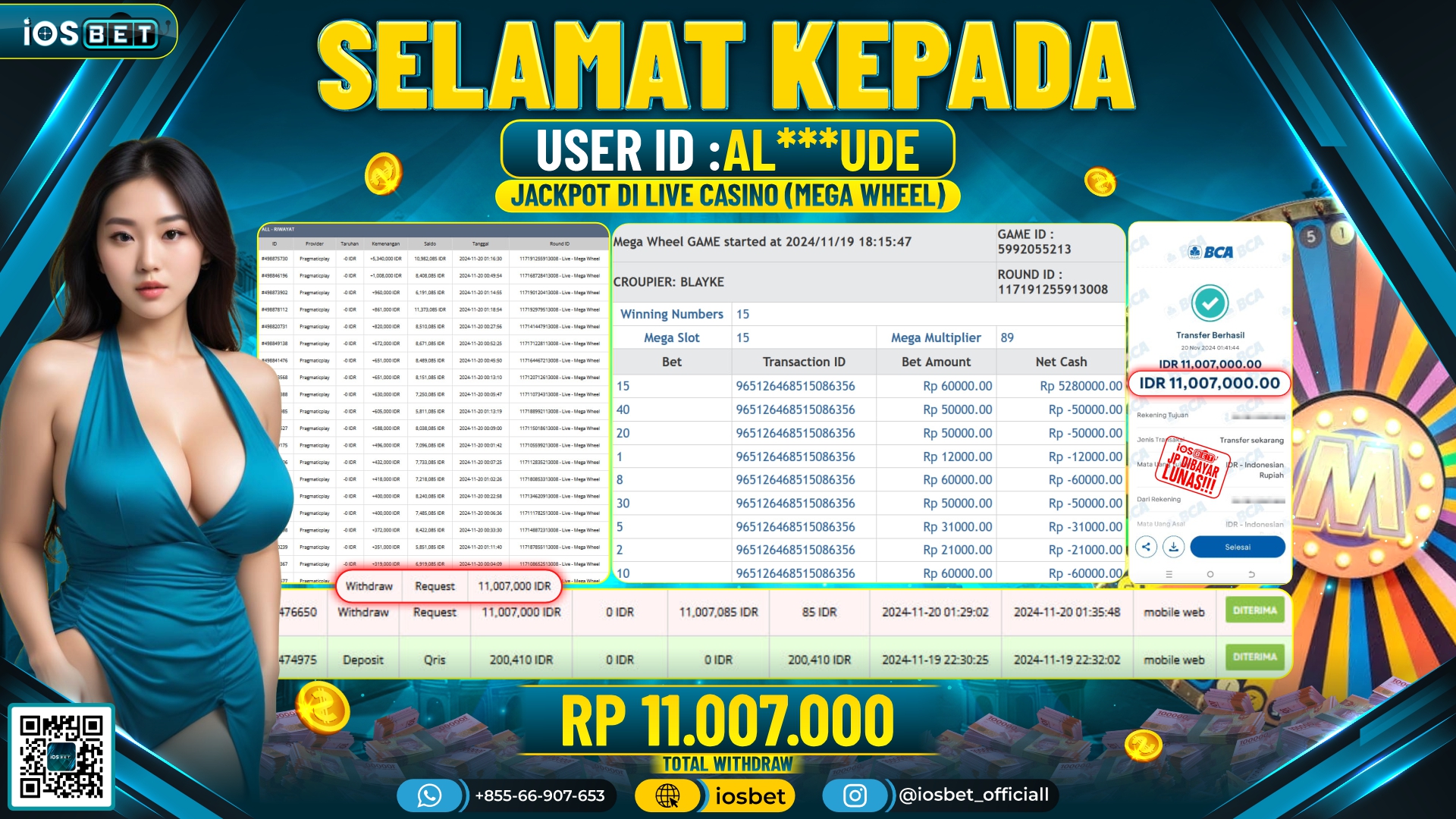 Bukti Pembayaran LUNAS LIVE CASINO   Rp.11.007.000
