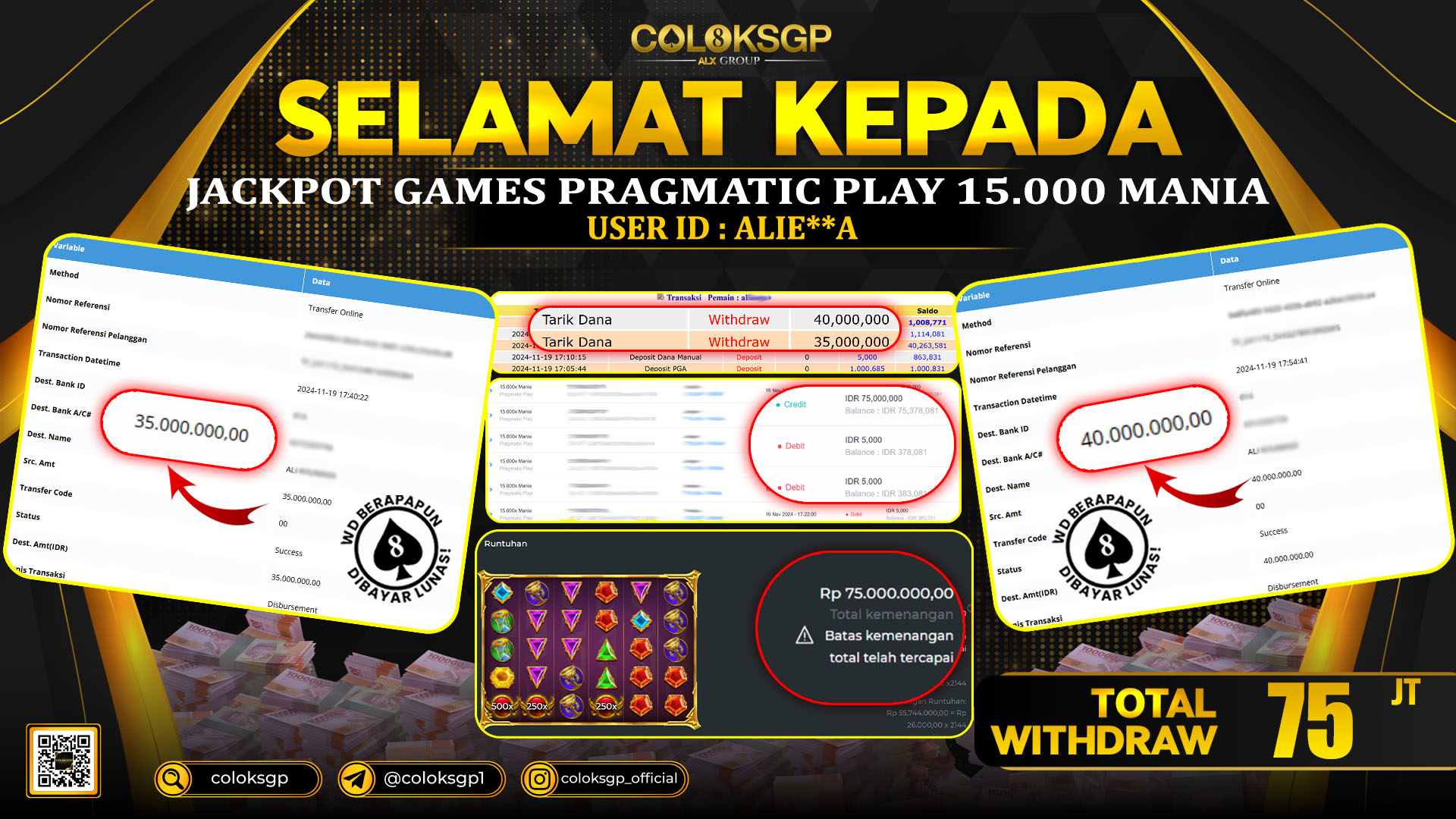 COLOKSGP JACKPOT SLOT GAMES RP 75.000.000 LUNAS