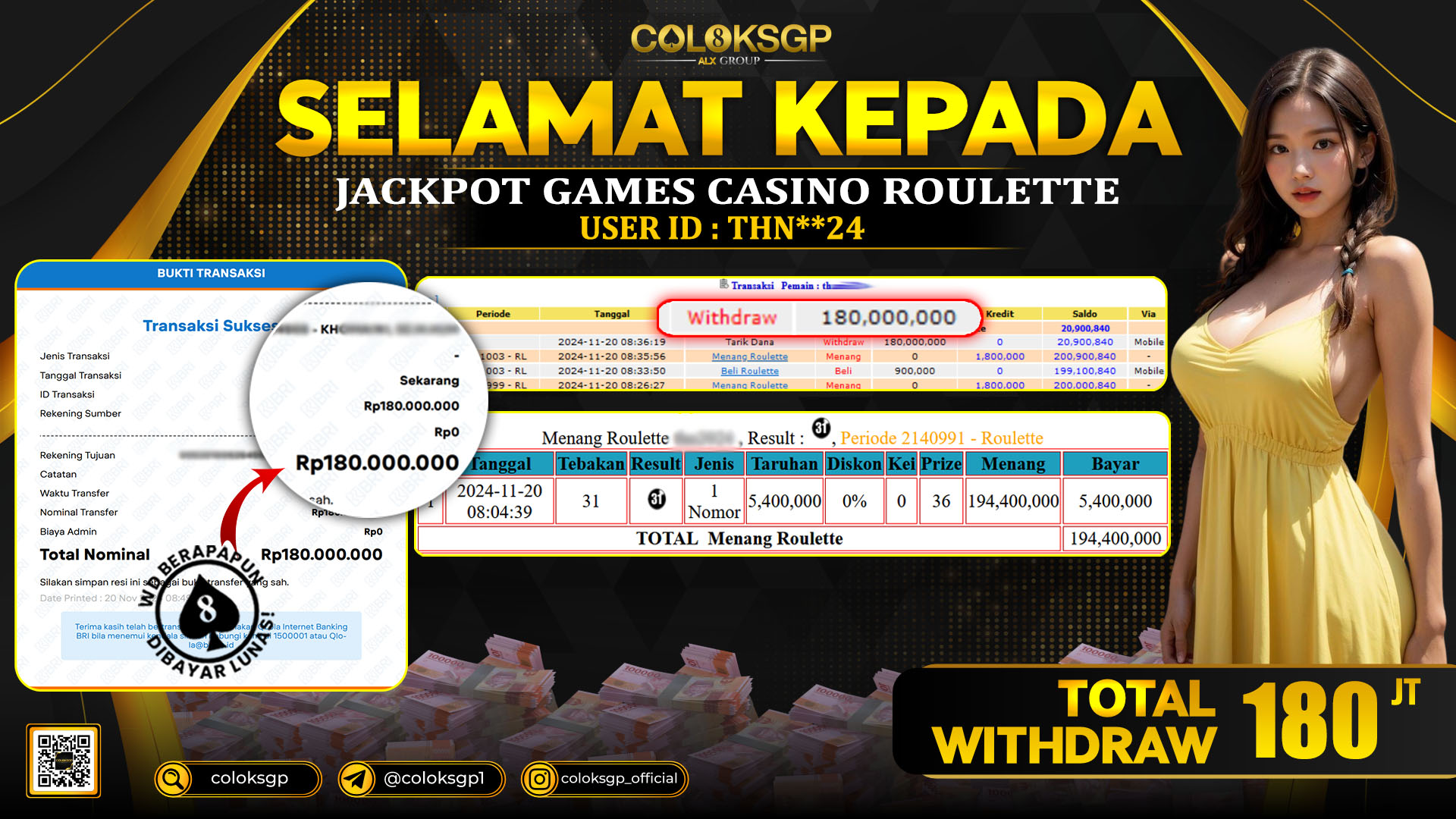 COLOKSGP JACKPOT LIVE CASINO RP 180.000.000 LUNAS