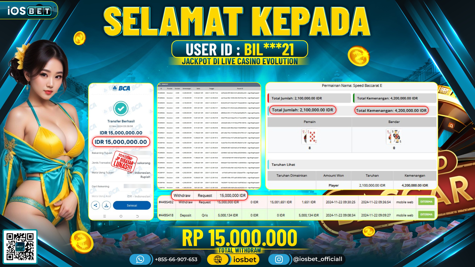 Bukti Pembayaran LUNAS LIVE CASINO GACOR Rp.15.000.000,-