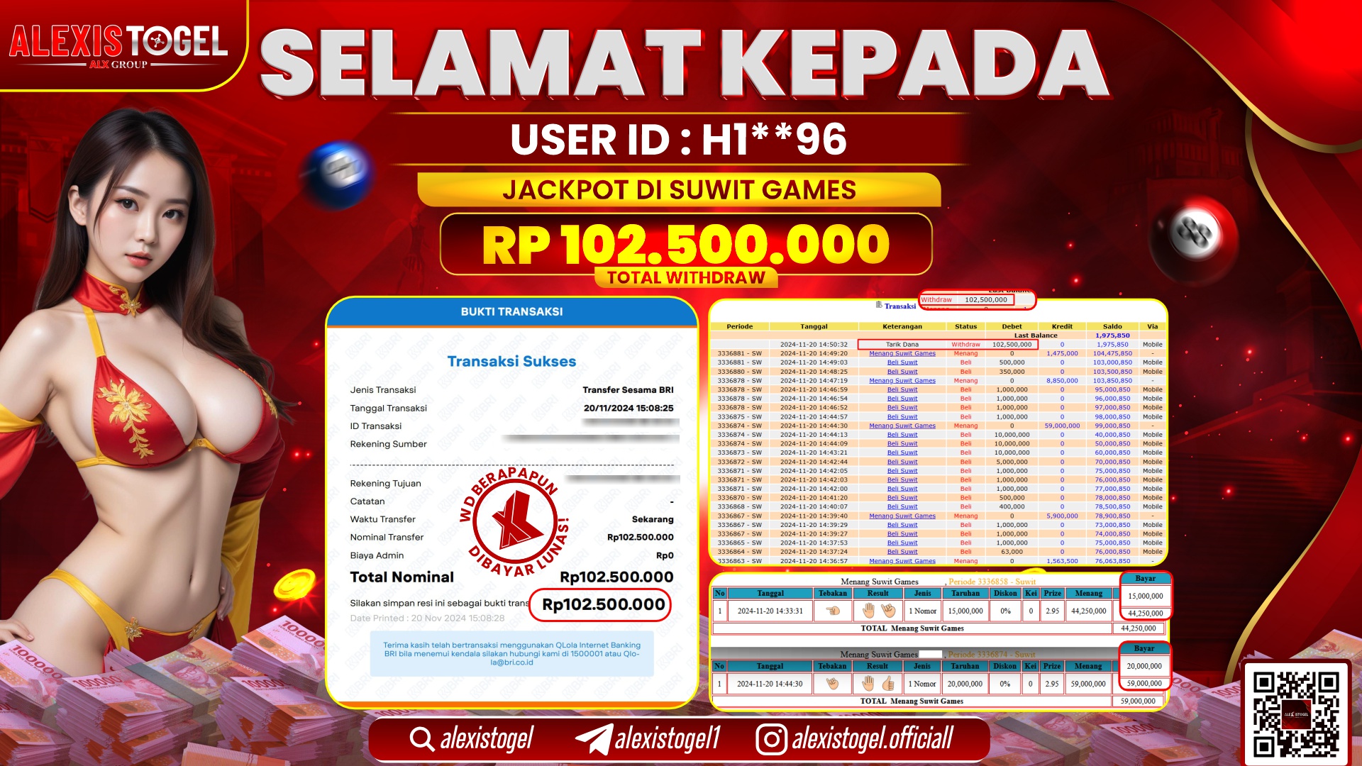 ALEXISTOGEL di CASINO SUWIT GAMES RP.102.500.000 LUNAS
