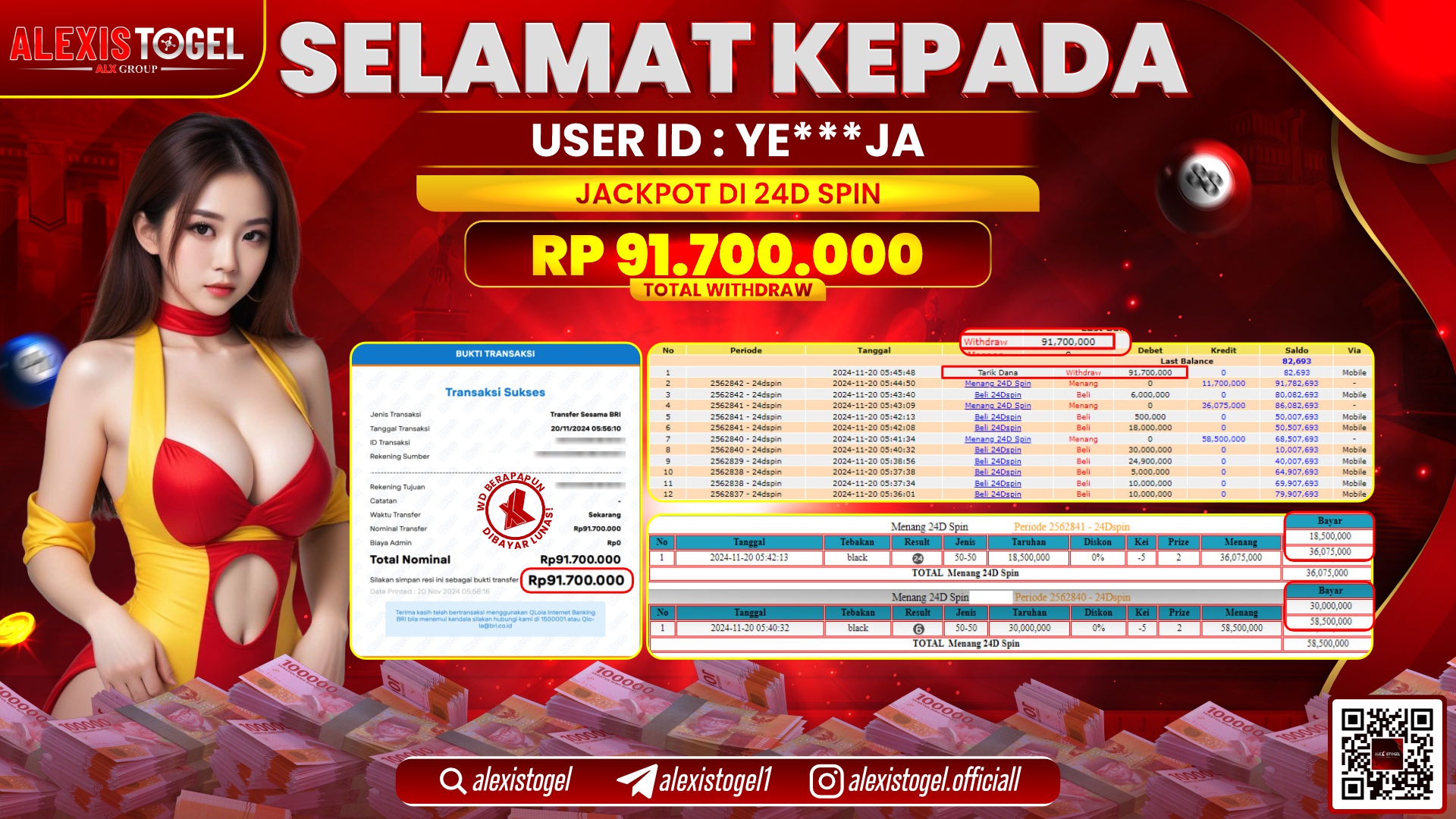 ALEXISTOGEL di CASINO 24D SPIN RP.91.700.000 LUNAS