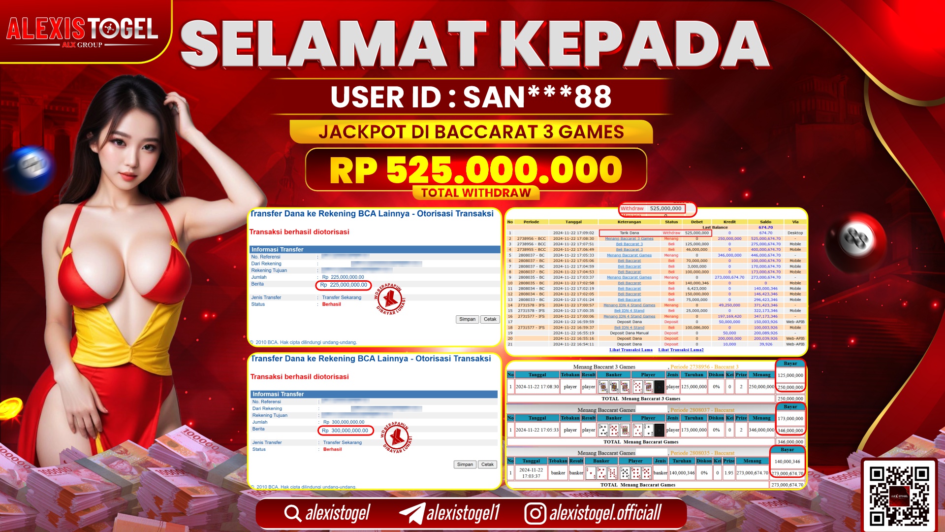 ALEXISTOGEL di CASINO BACCARAT 3 RP.525.000.000 LUNAS