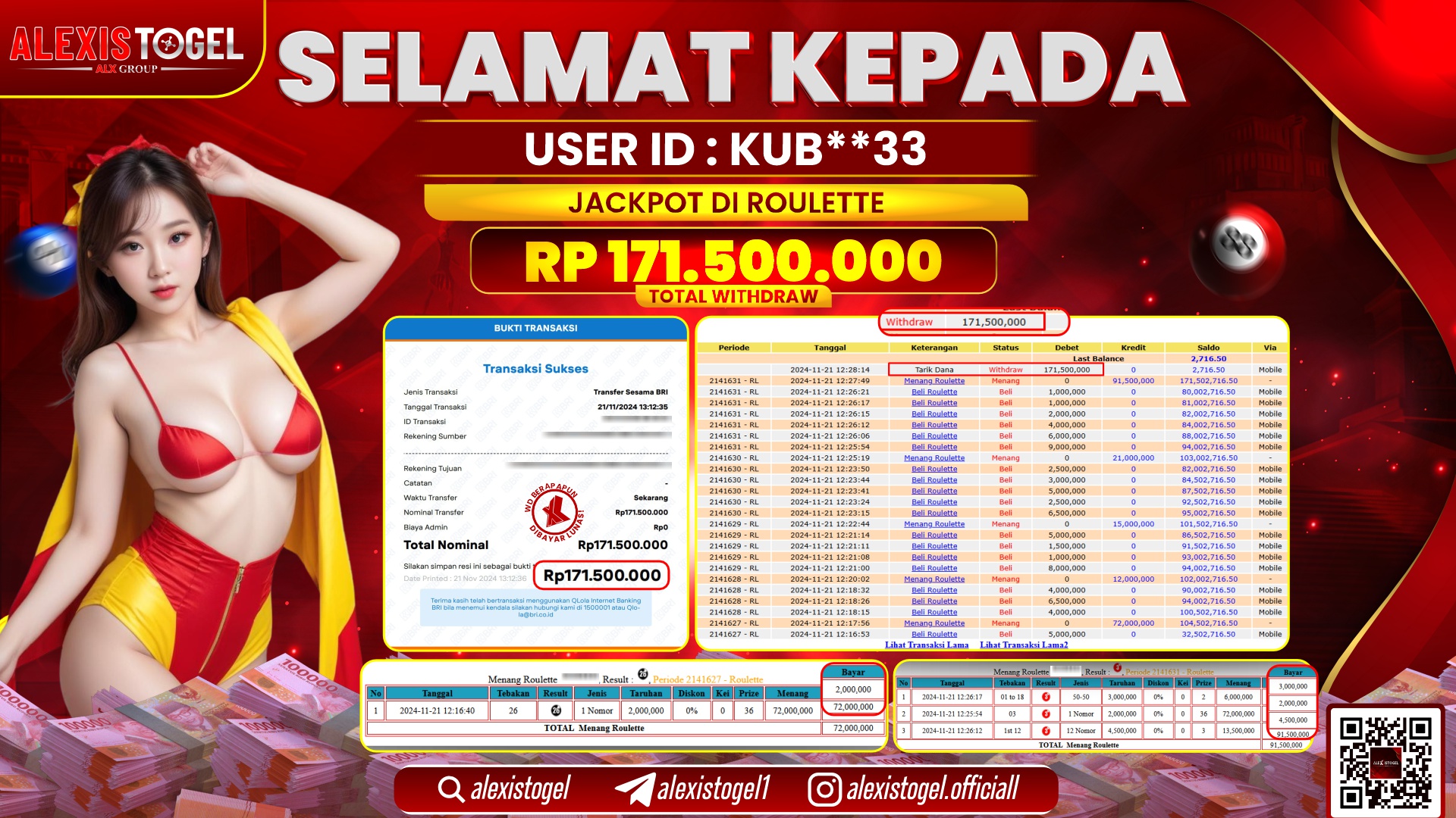 ALEXISTOGEL di CASINO ROULETTE RP.171.500.000 LUNAS