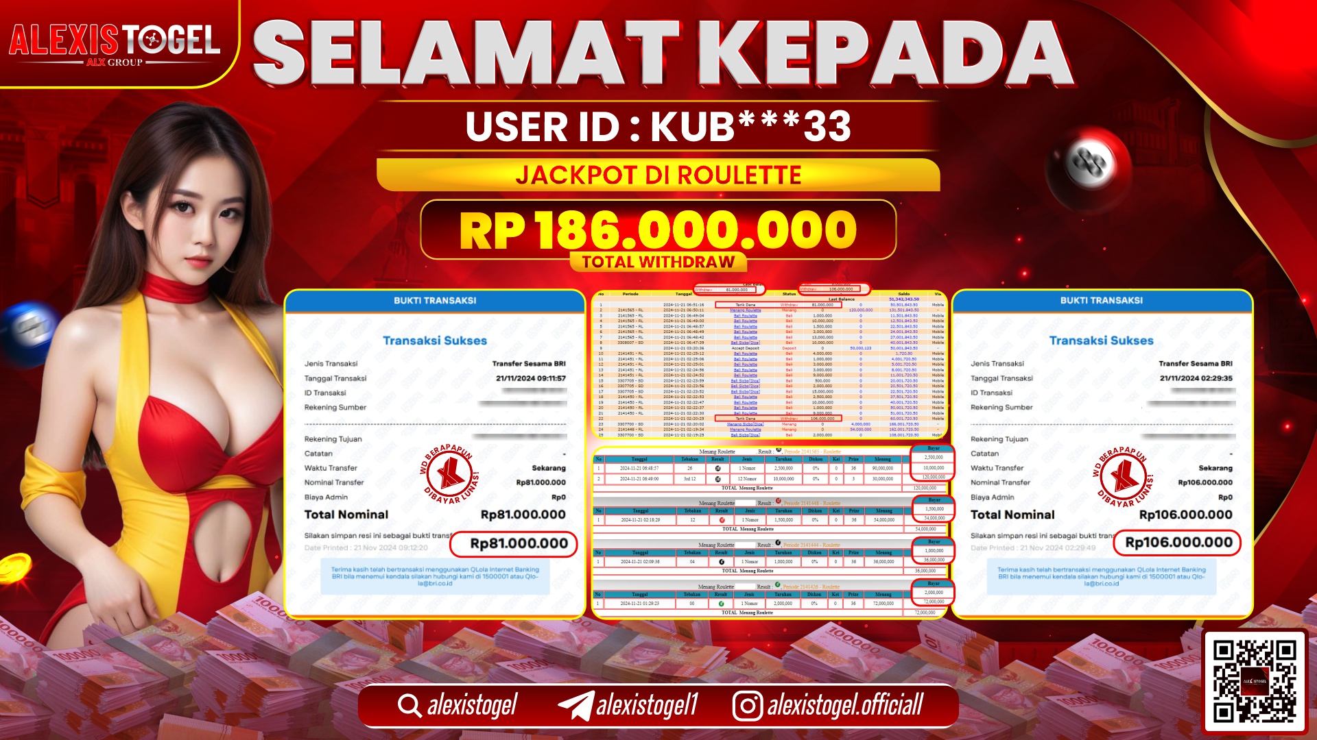 ALEXISTOGEL di CASINO ROULETTE RP.186.000.000 LUNAS