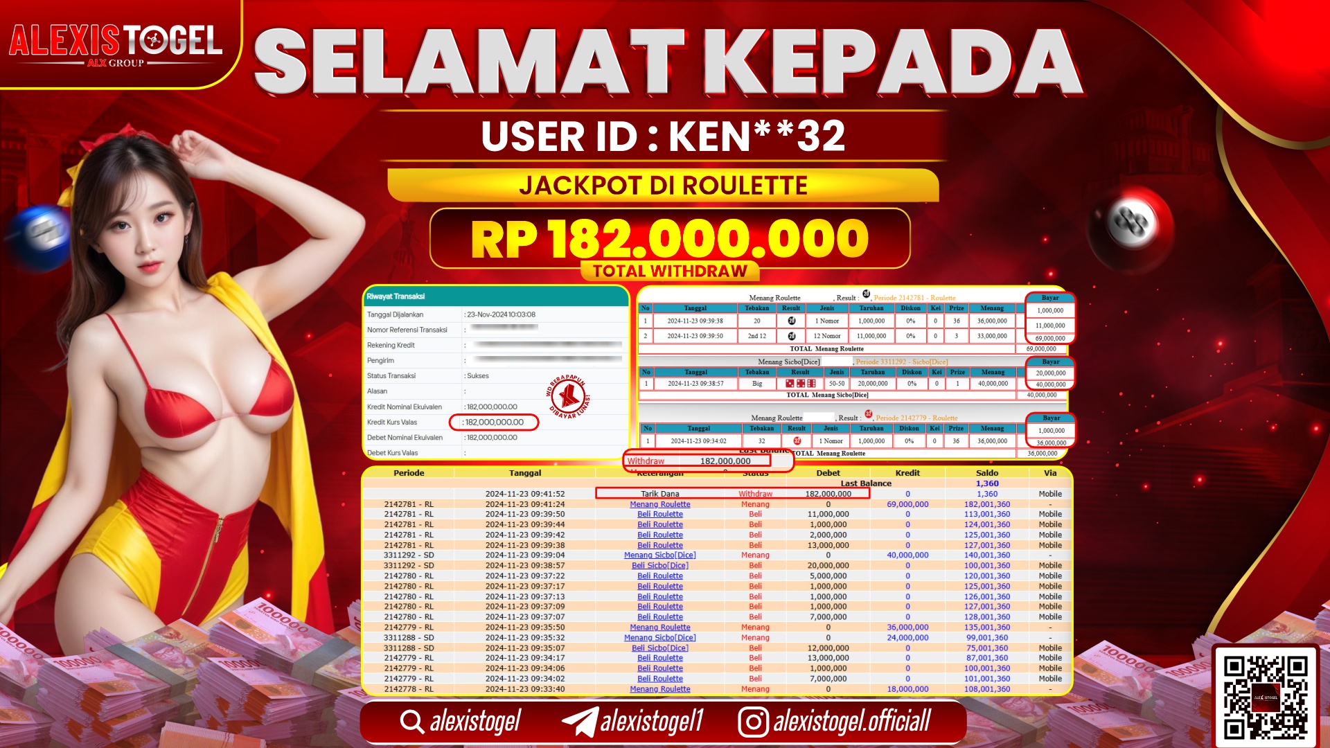 ALEXISTOGEL di CASINO ROULETTE RP.182.000.000 LUNAS