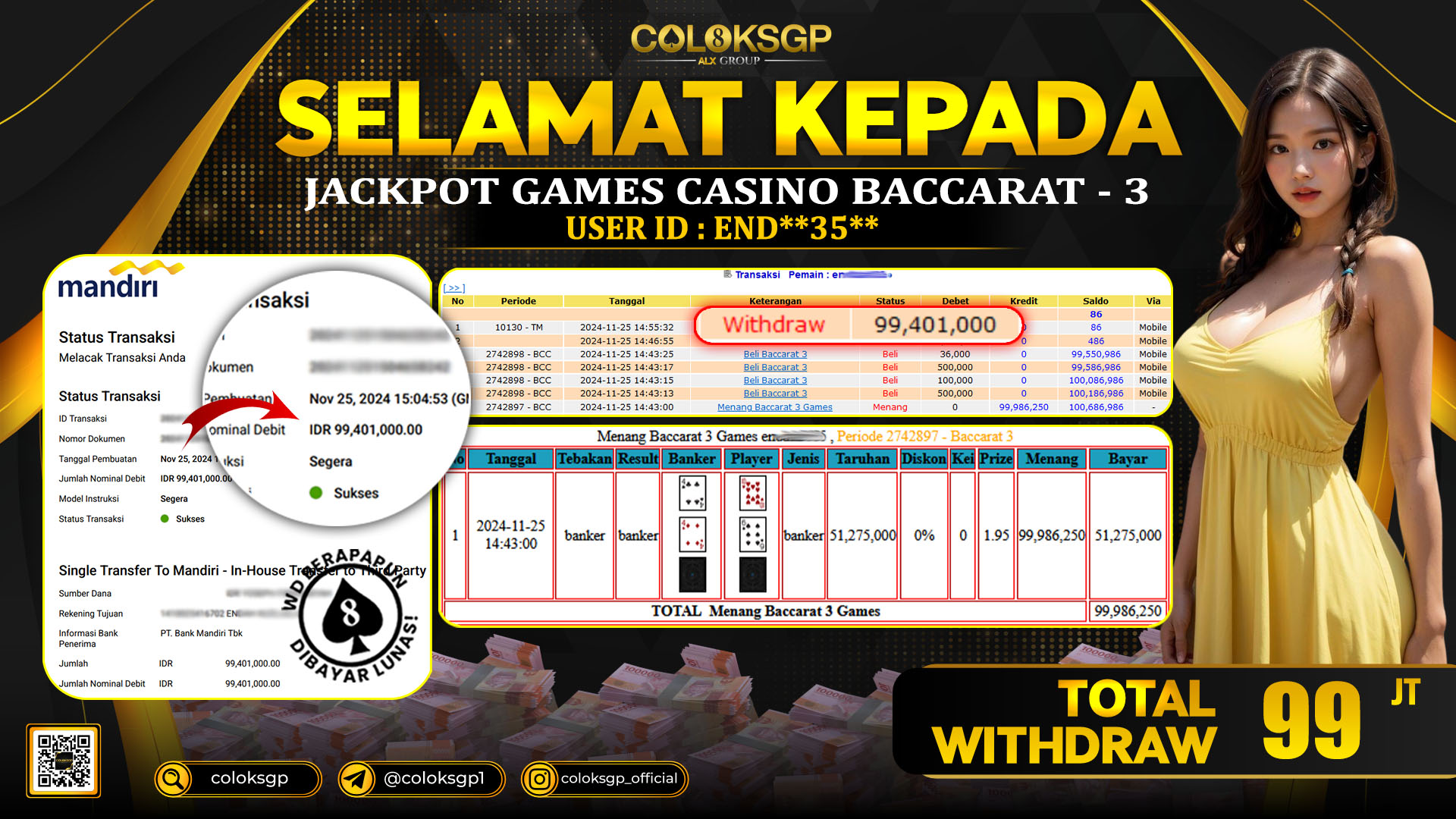 COLOKSGP JACKPOT BACCARAT RP 99.401.000 LUNAS
