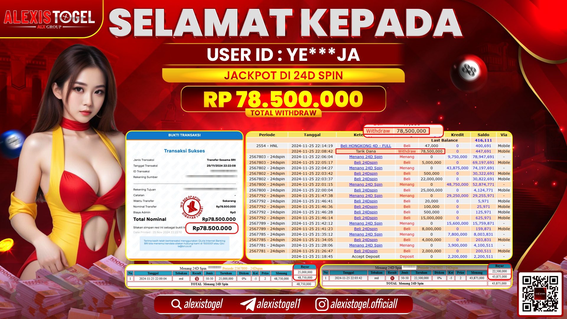 ALEXISTOGEL di CASINO 24D SPIN RP.78.500.000 LUNAS