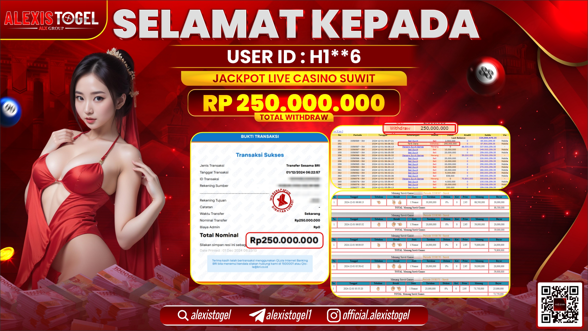 ALEXISTOGEL di LIVE CASINO SUWIT RP.250.000.000 LUNAS