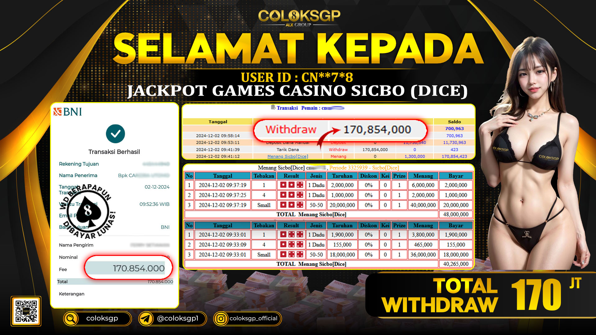 COLOKSGP JACKPOT SICBO DICE RP 170.854.000 LUNAS