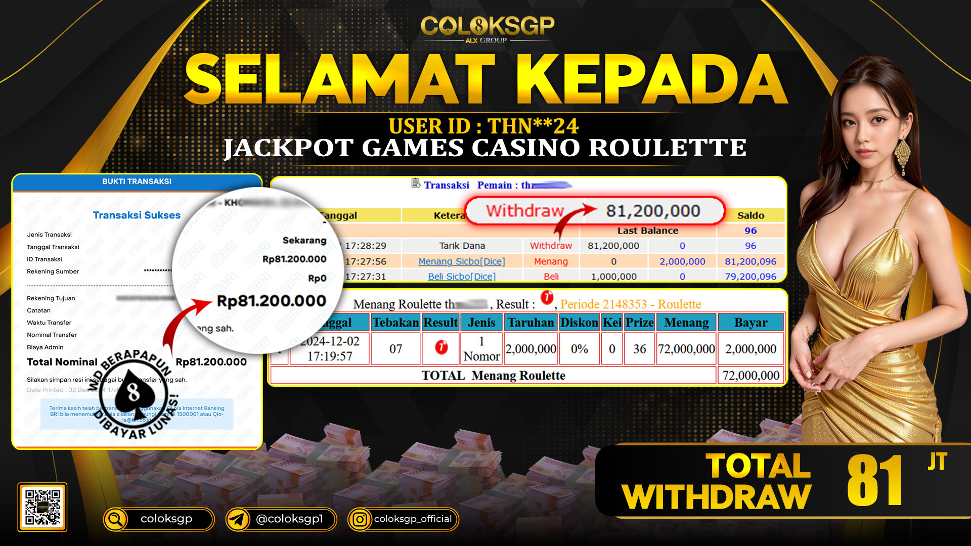 COLOKSGP JACKPOT ROULETTE RP 81.200.000 LUNAS