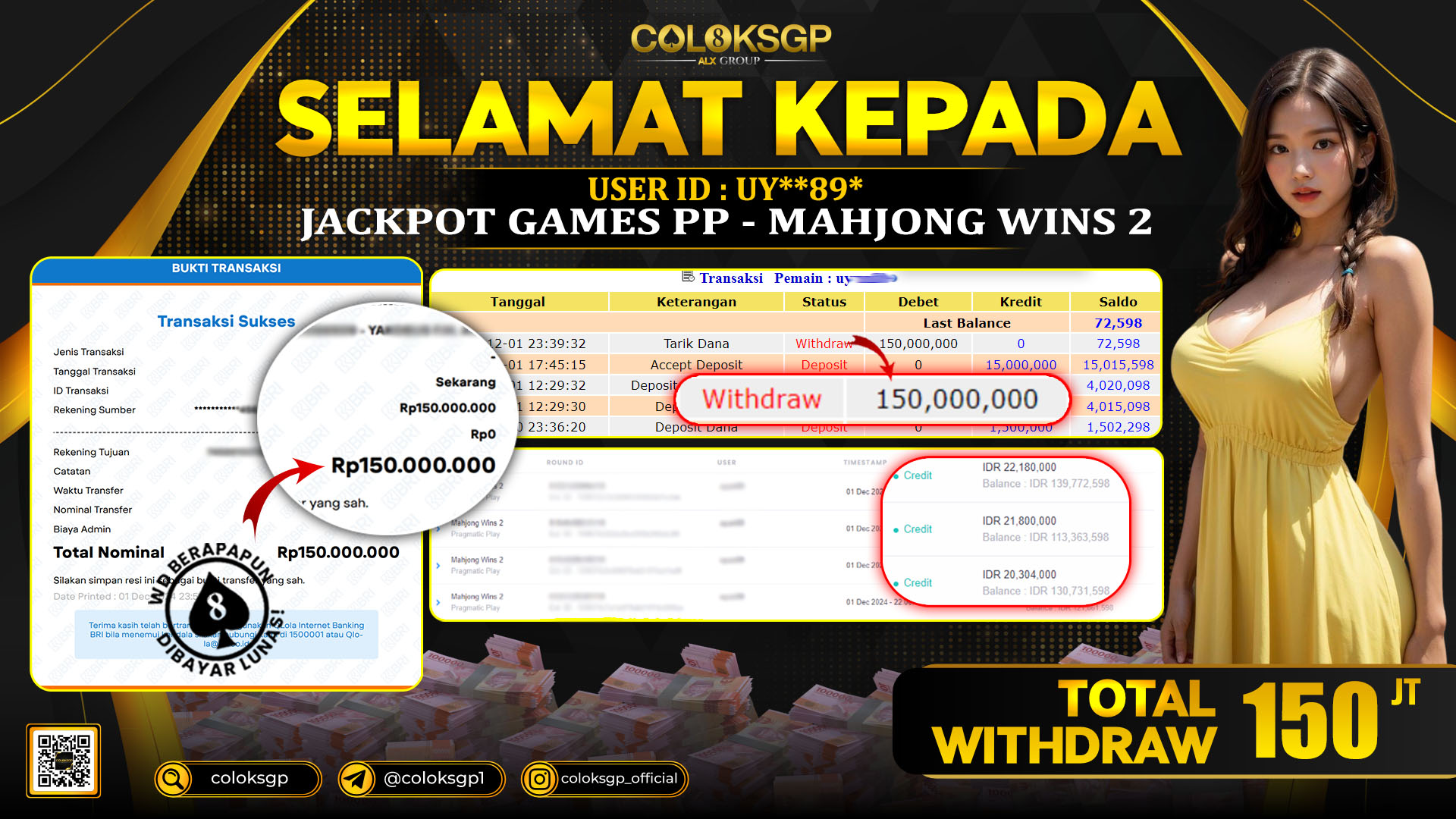COLOKSGP JACKPOT SLOT GAMES RP 150.000.000 LUNAS