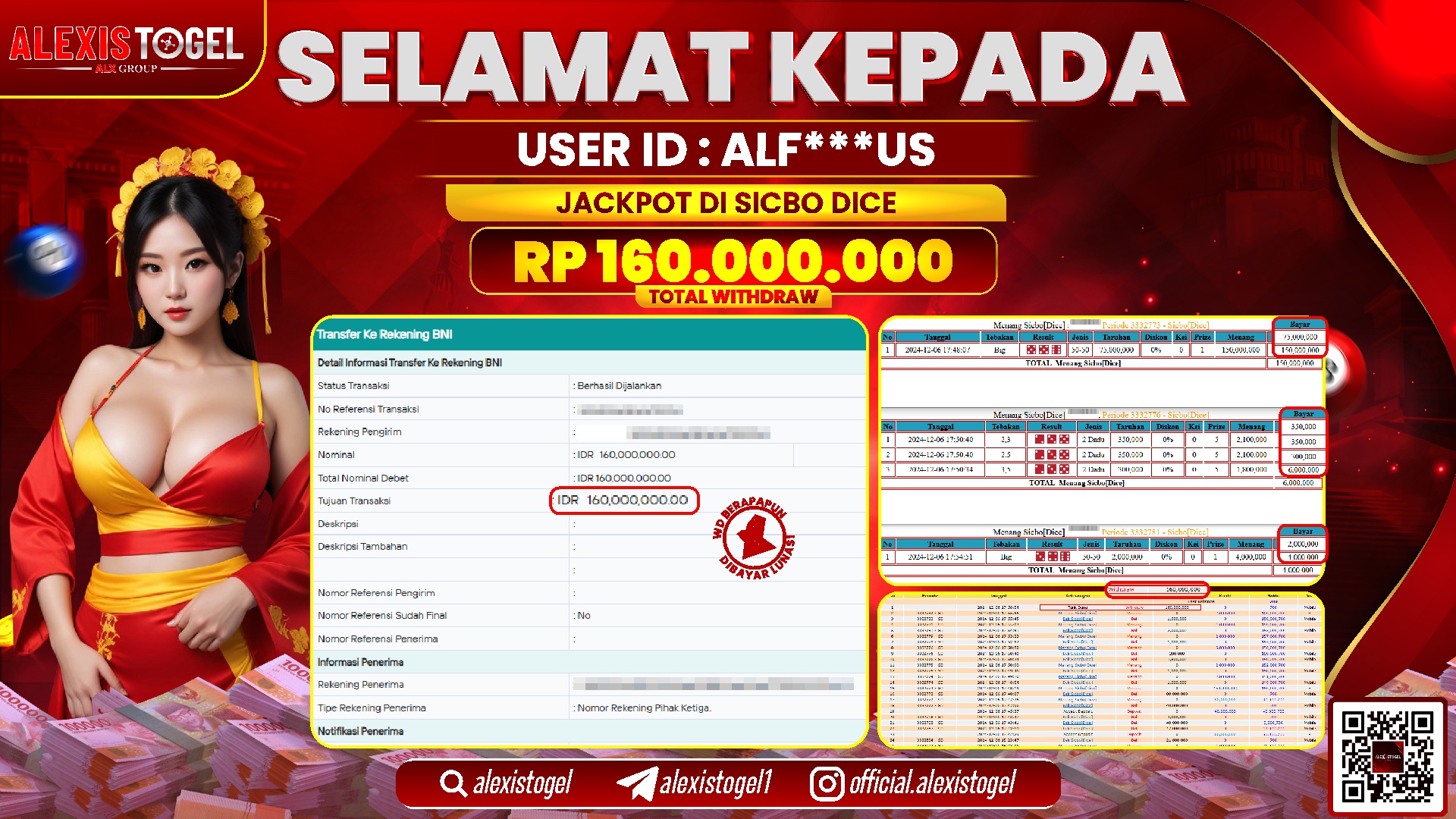 ALEXISTOGEL di CASINO SICBO DICE RP.160.000.000 LUNAS